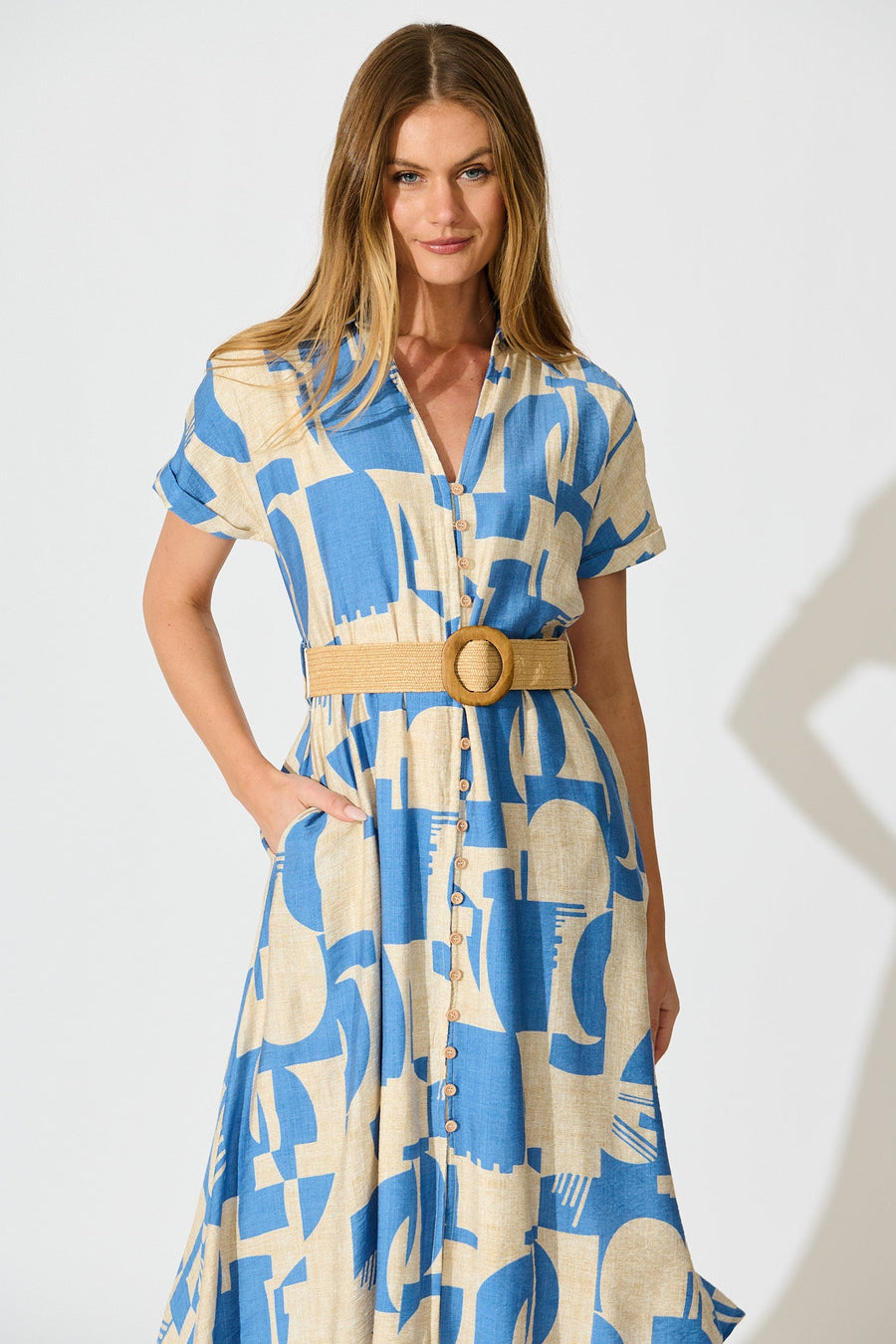 Charli Midi Shirt Dress in Blue Geometric Print with Belt