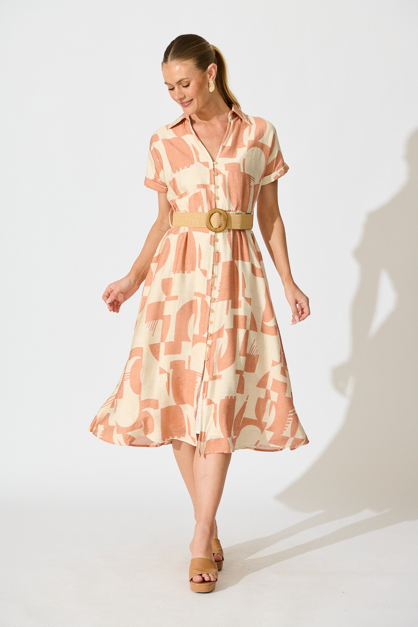 Charli Midi Shirt Dress in Rust Geometric Print with Belt