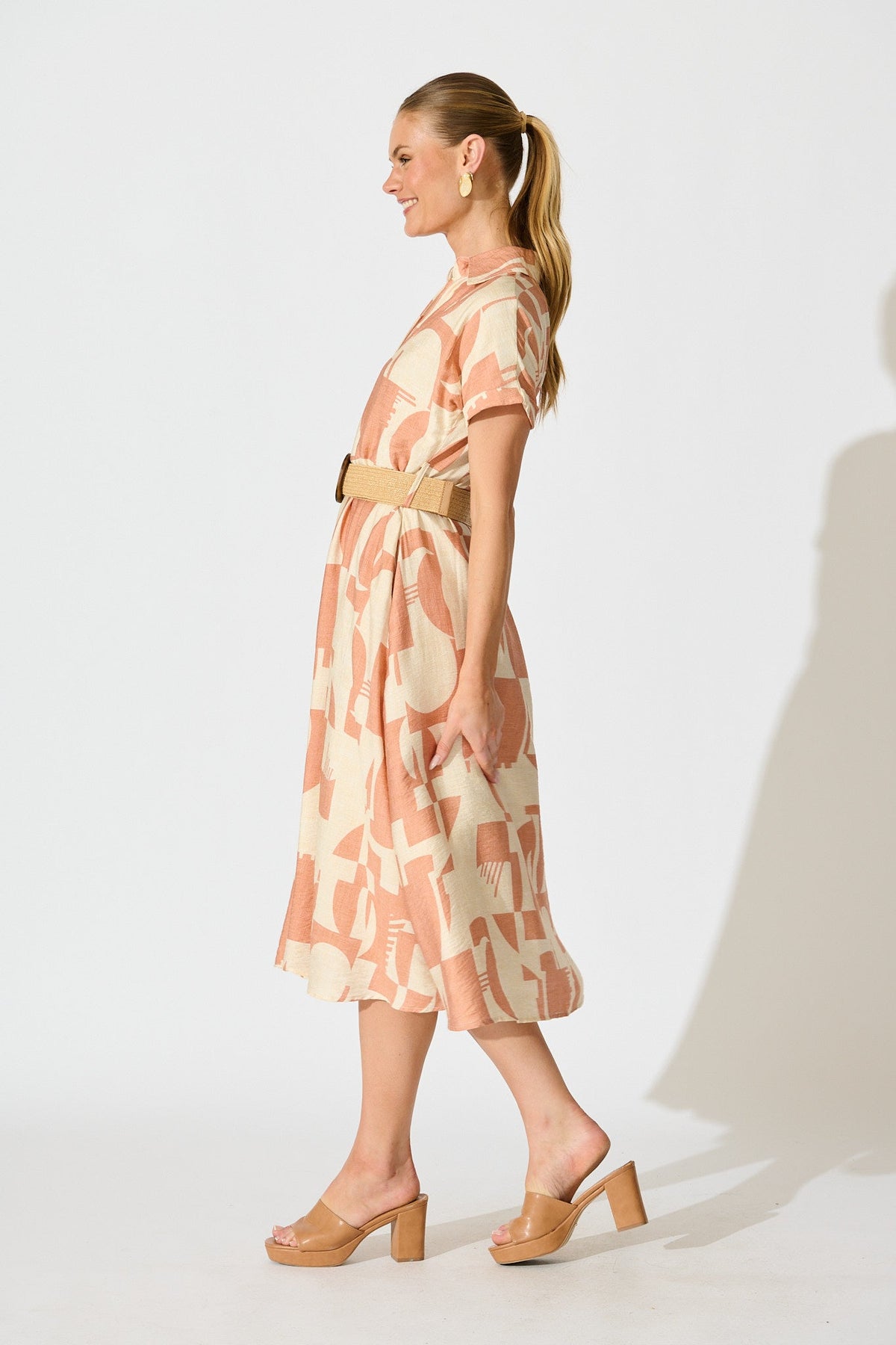 Charli Midi Shirt Dress in Rust Geometric Print with Belt
