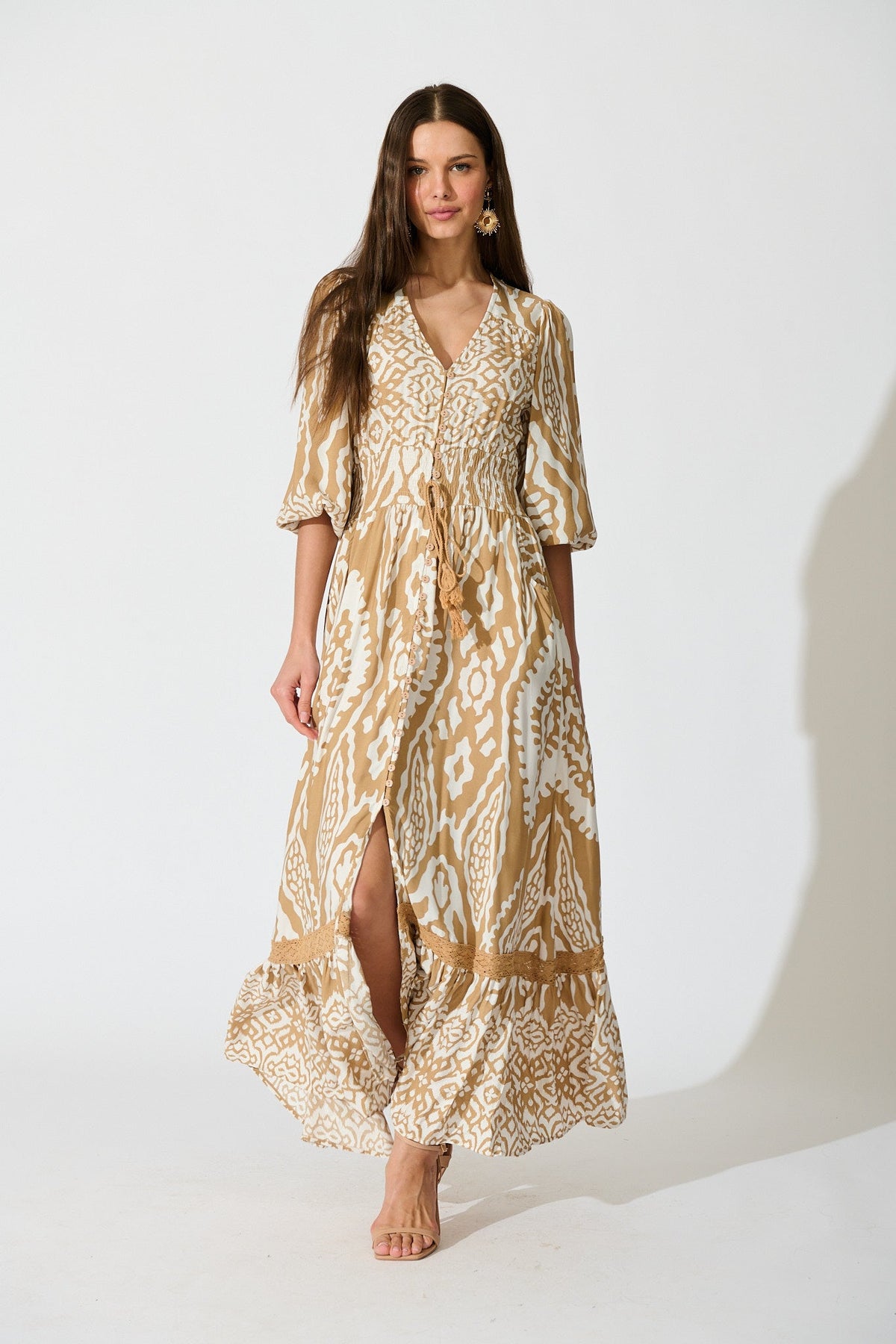 Amarie Maxi Dress in Beige and White Boho Print