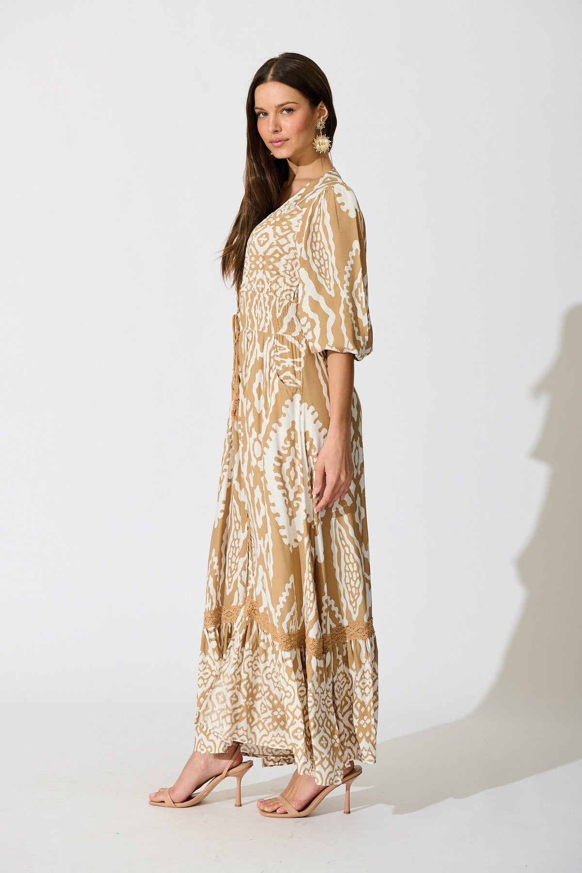Amarie Maxi Dress in Beige and White Boho Print