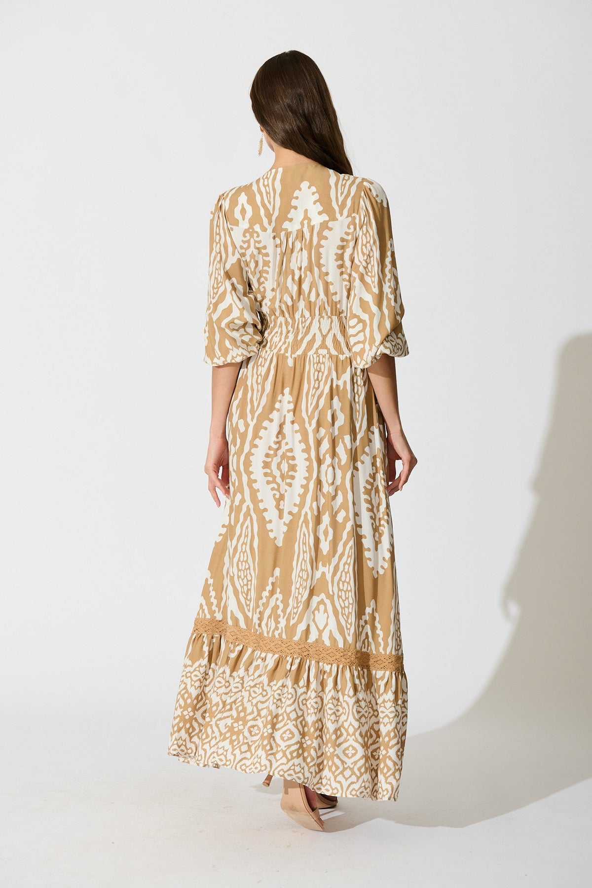 Amarie Maxi Dress in Beige and White Boho Print