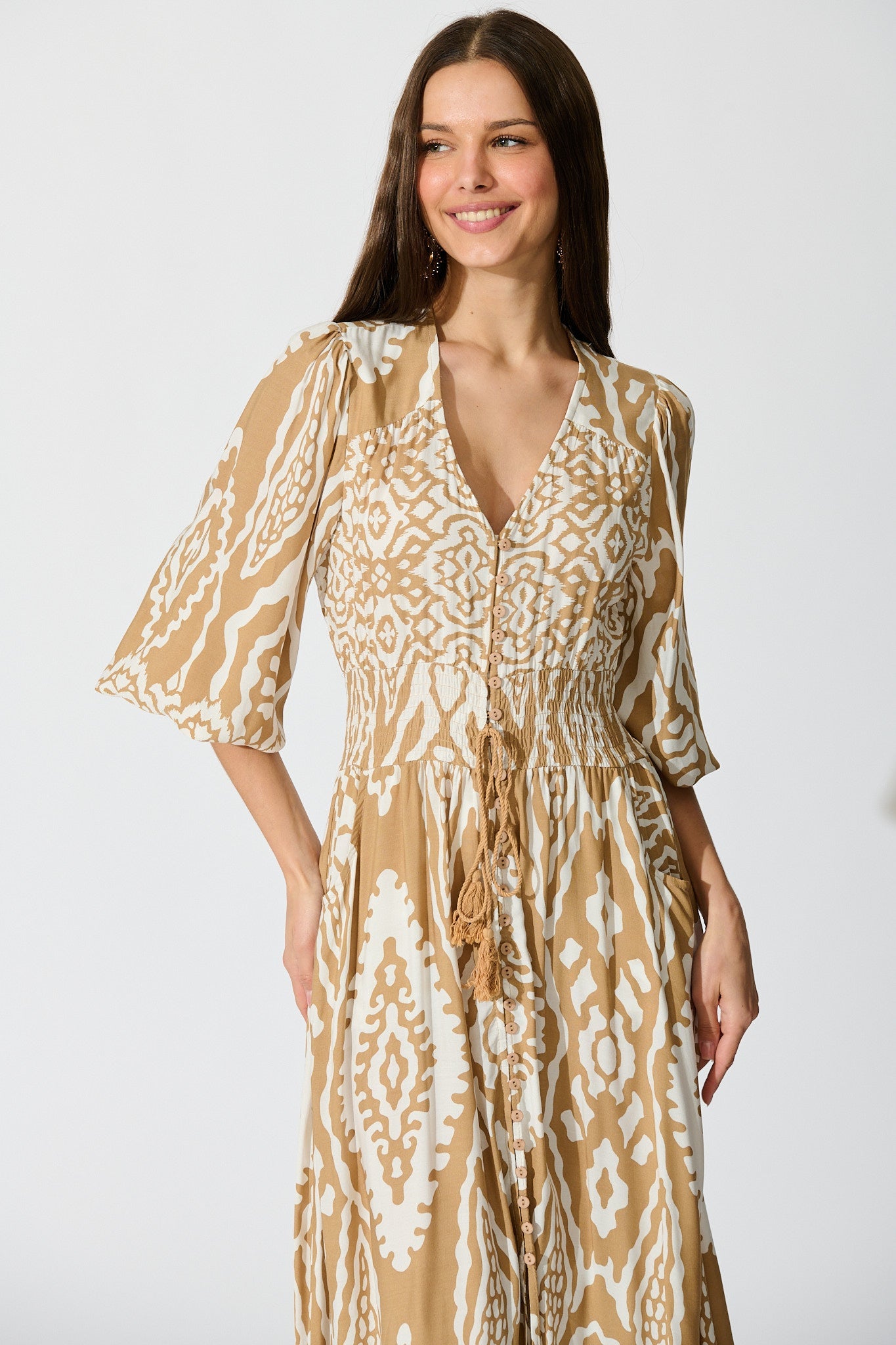 Amarie Maxi Dress in Beige and White Boho Print