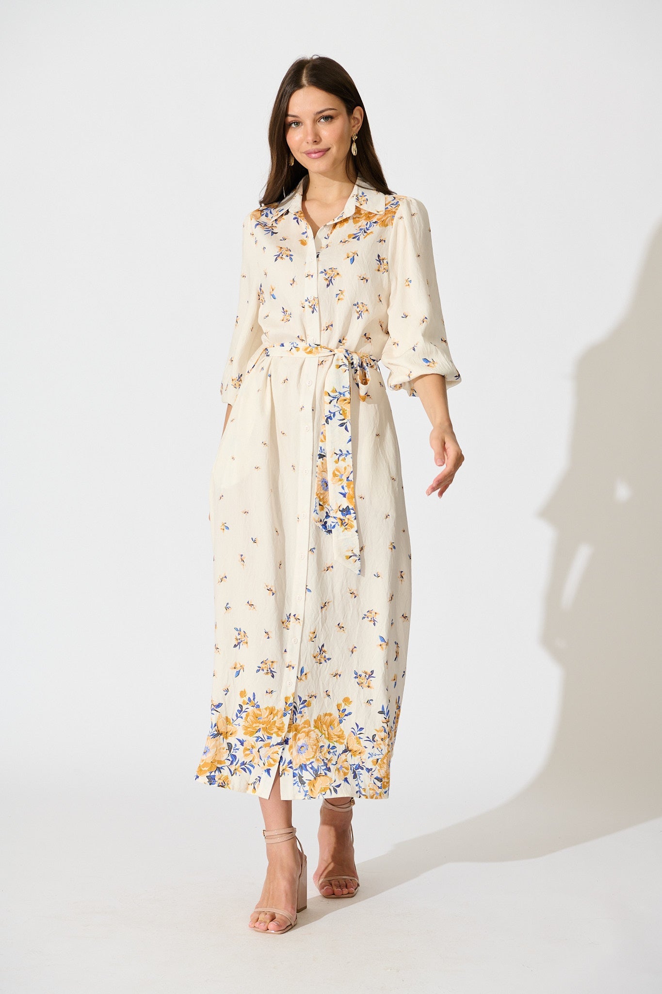 Bellie Maxi Shirt Dress in Cream with Blue and Yellow Linen Blend
