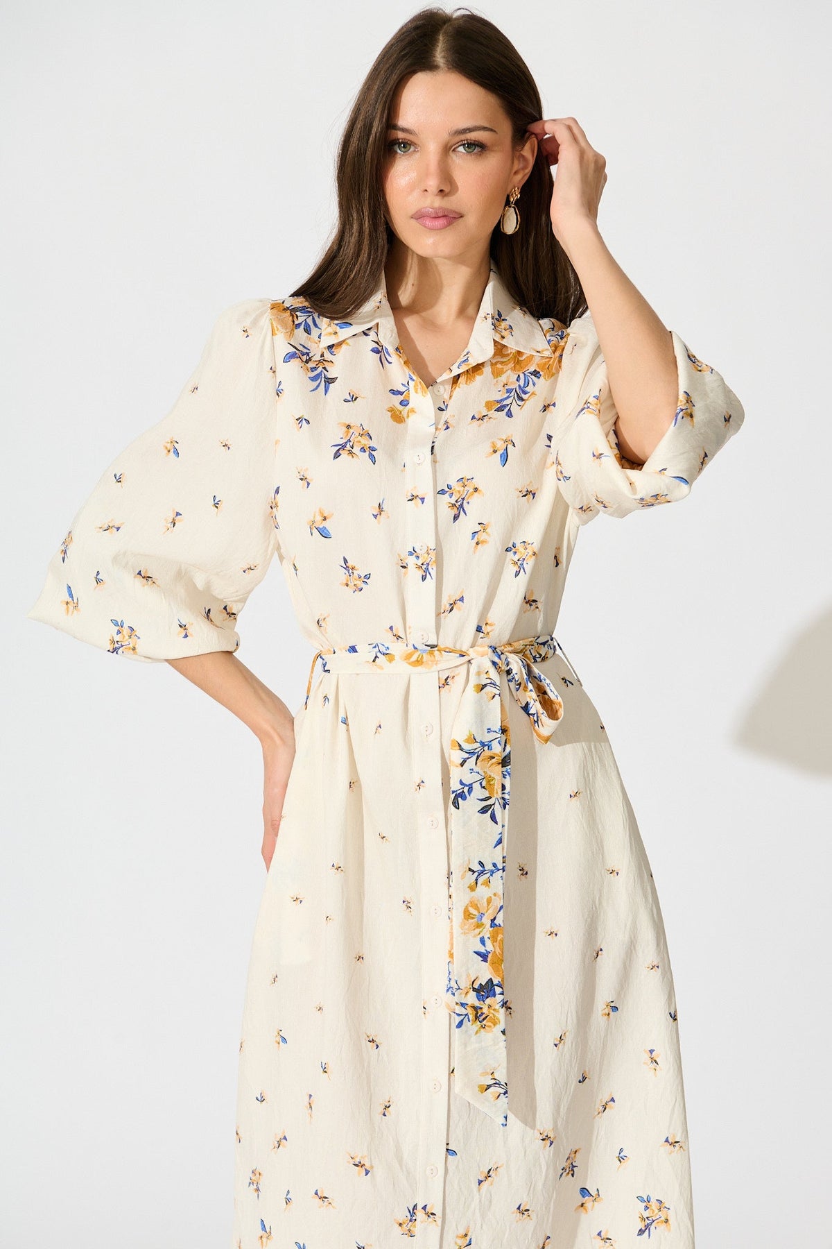 Bellie Maxi Shirt Dress in Cream with Blue and Yellow Linen Blend