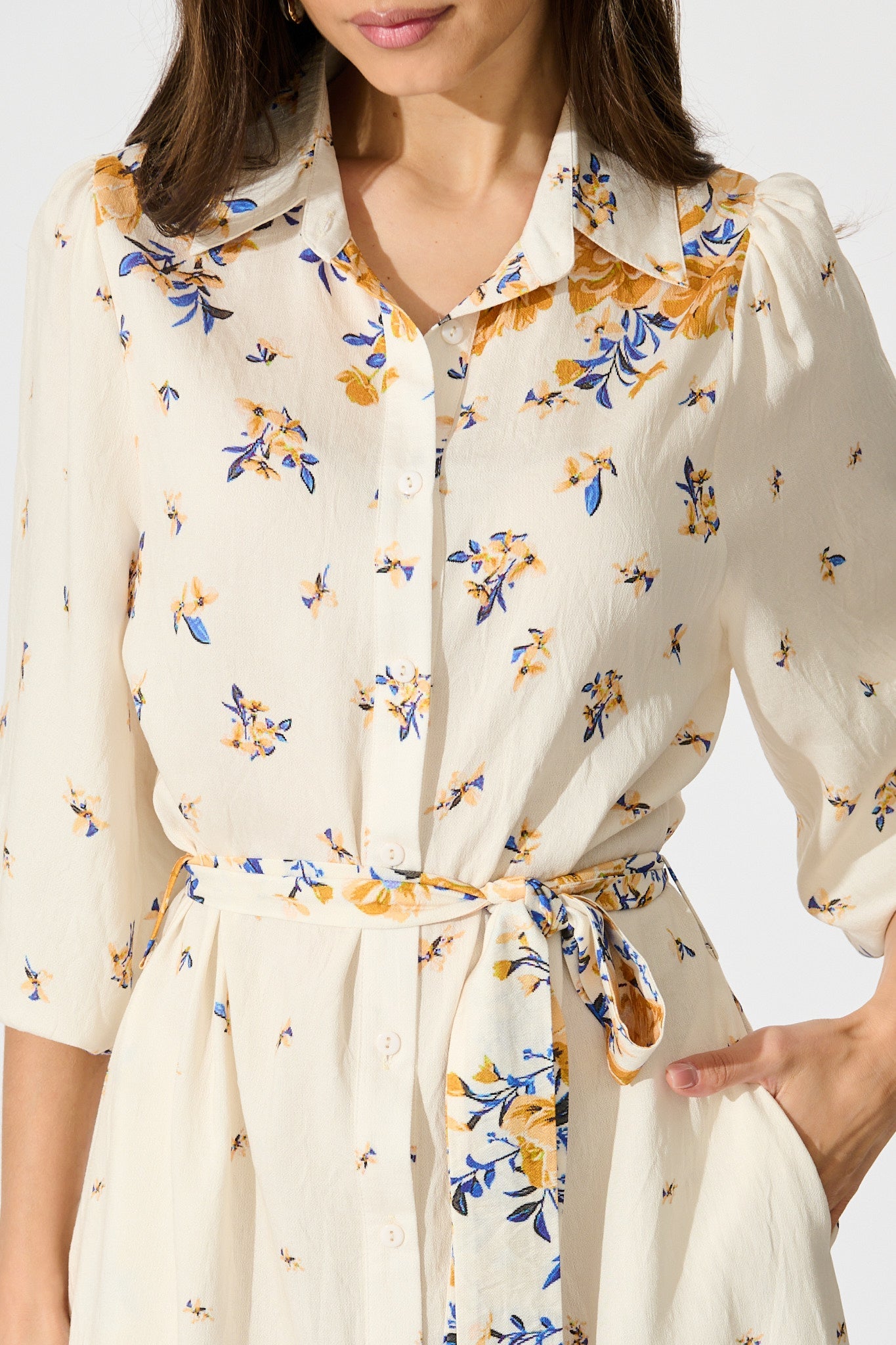 Bellie Maxi Shirt Dress in Cream with Blue and Yellow Linen Blend
