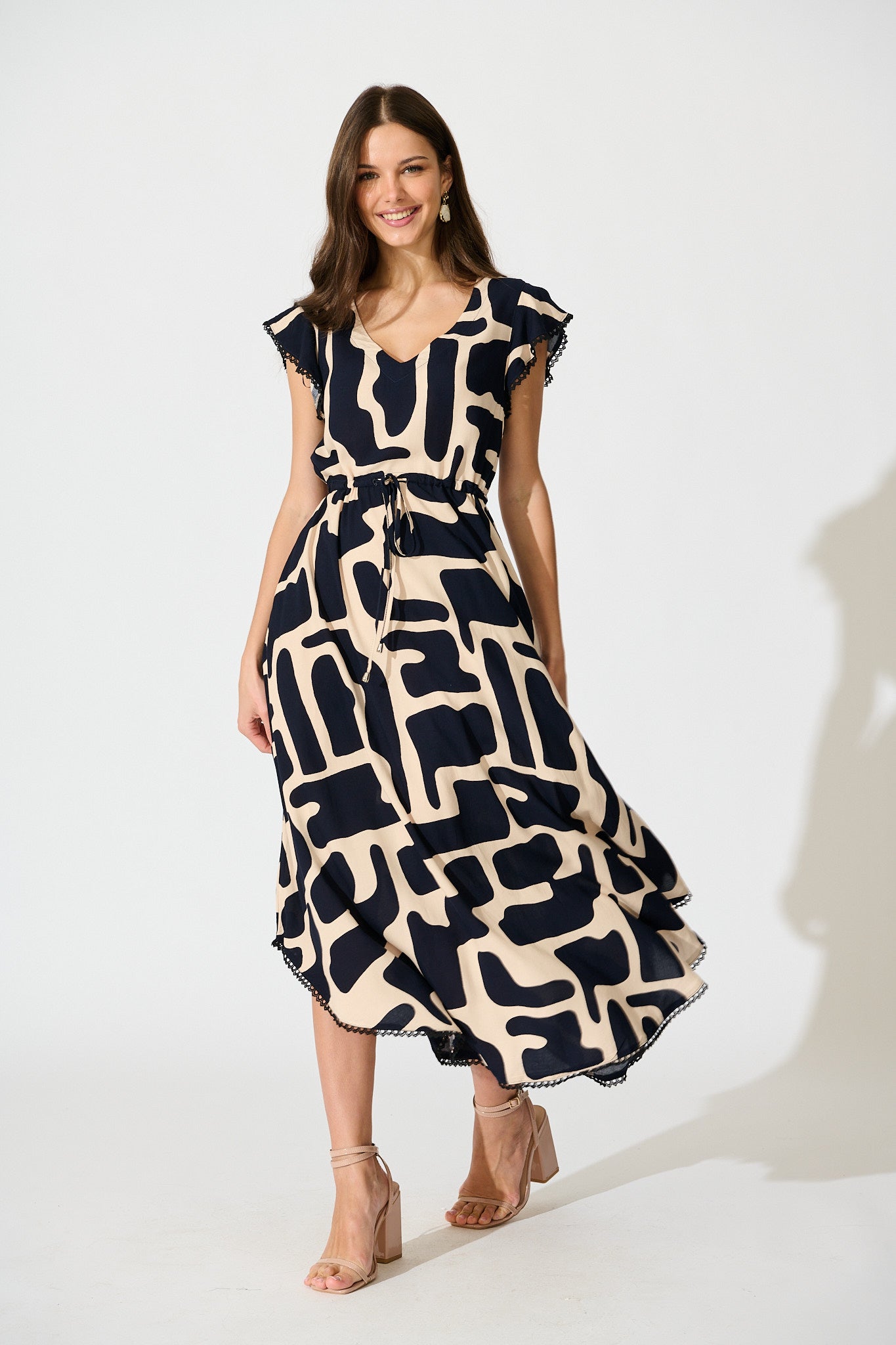 Atana Midi Dress in Black and Beige Geometric Print