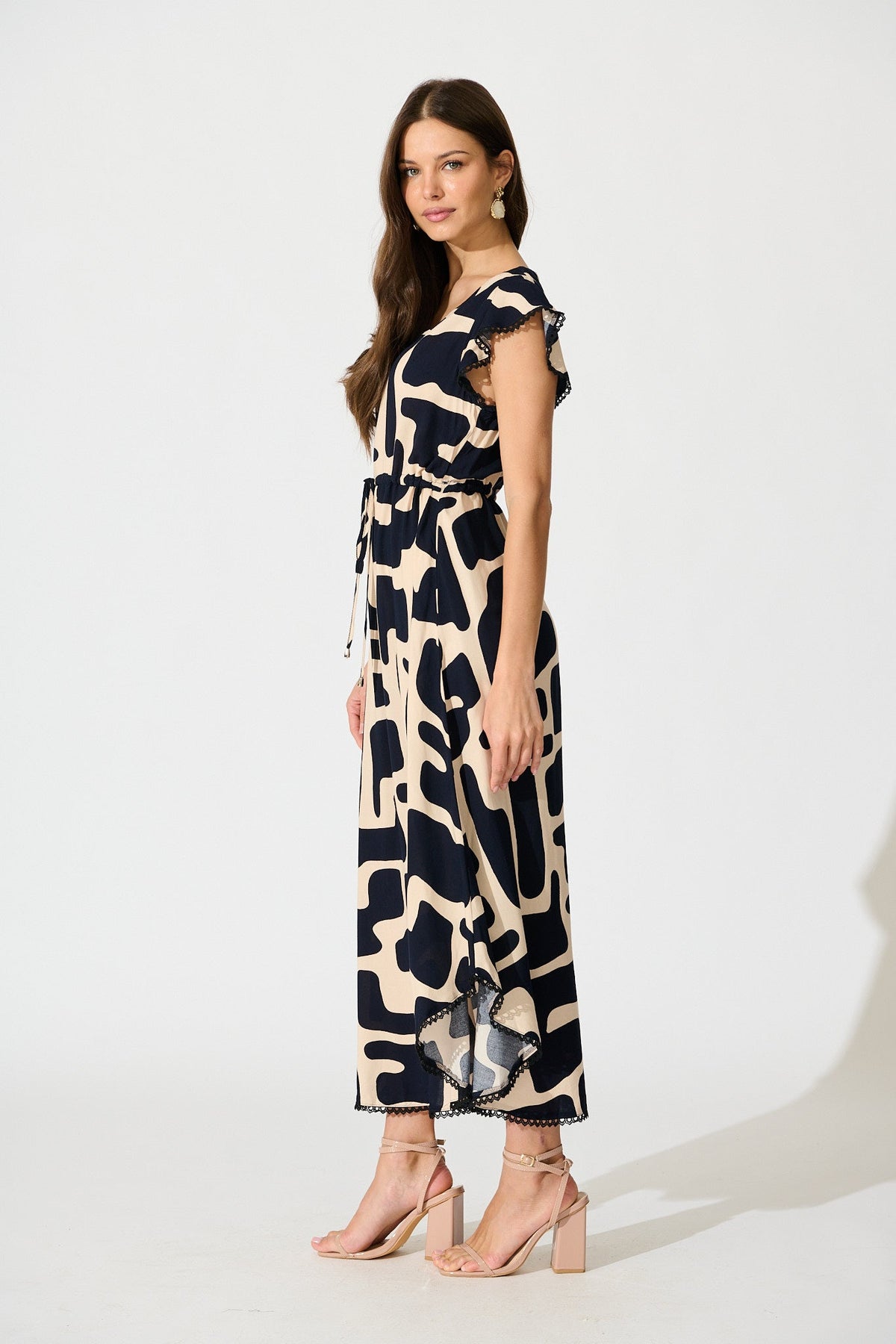 Atana Midi Dress in Black and Beige Geometric Print