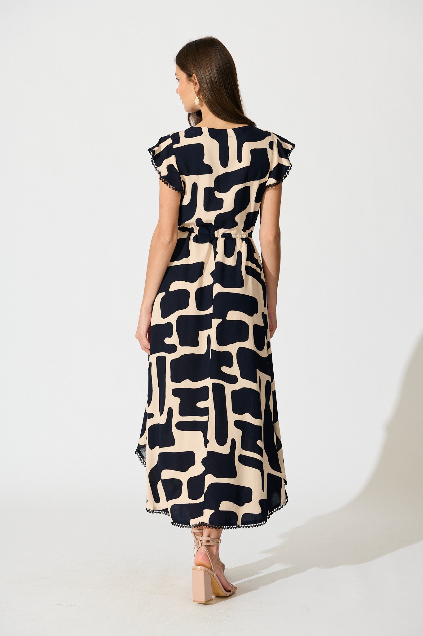 Atana Midi Dress in Black and Beige Geometric Print
