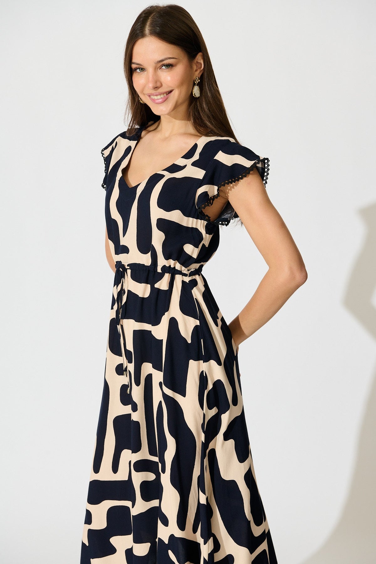 Atana Midi Dress in Black and Beige Geometric Print