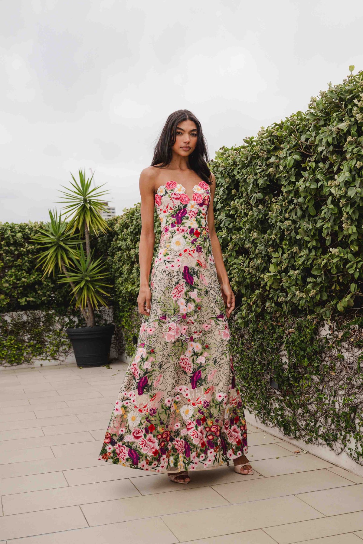 Flora Strapless Gown in Pink & Green Floral