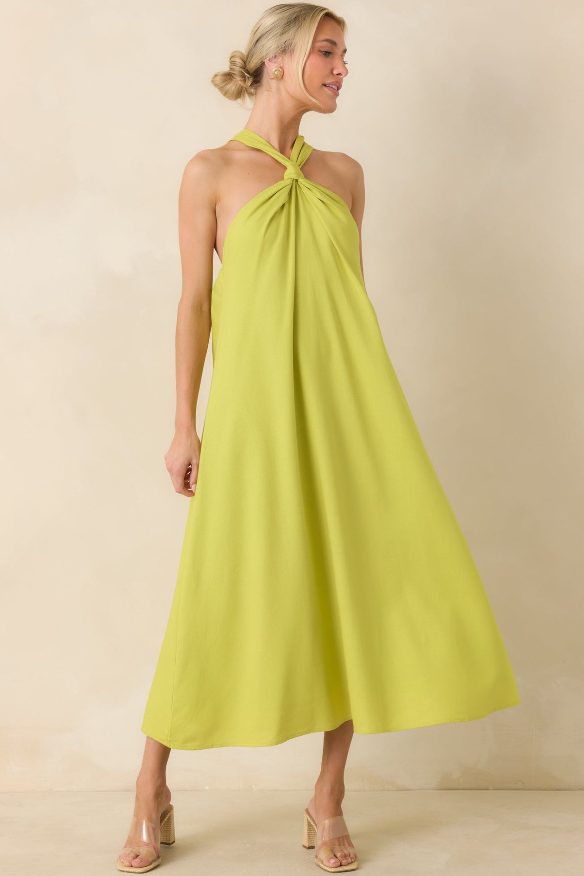 Citrus Kisses Chartreuse Linen Blend Halter Midi Dress