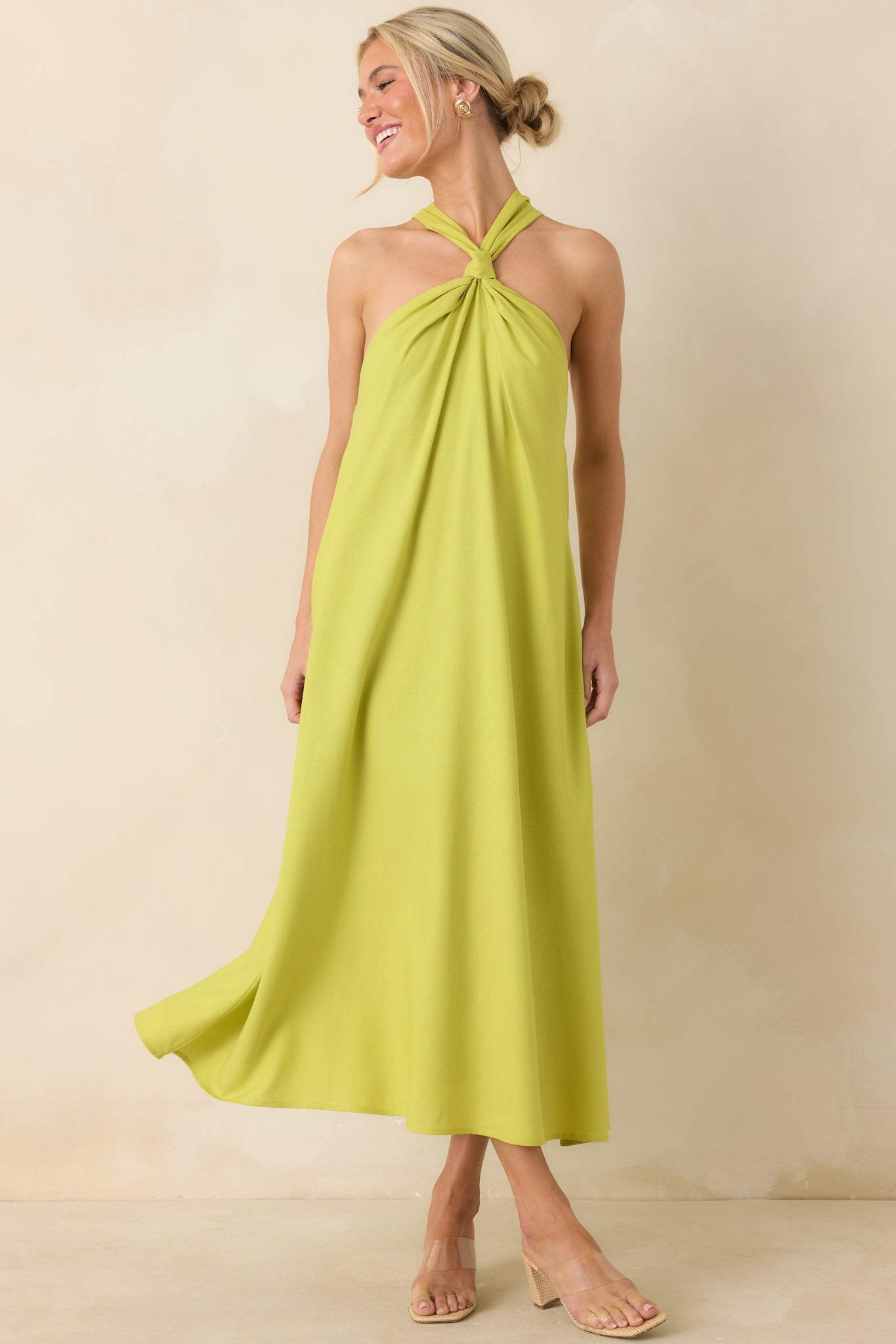 Citrus Kisses Chartreuse Linen Blend Halter Midi Dress