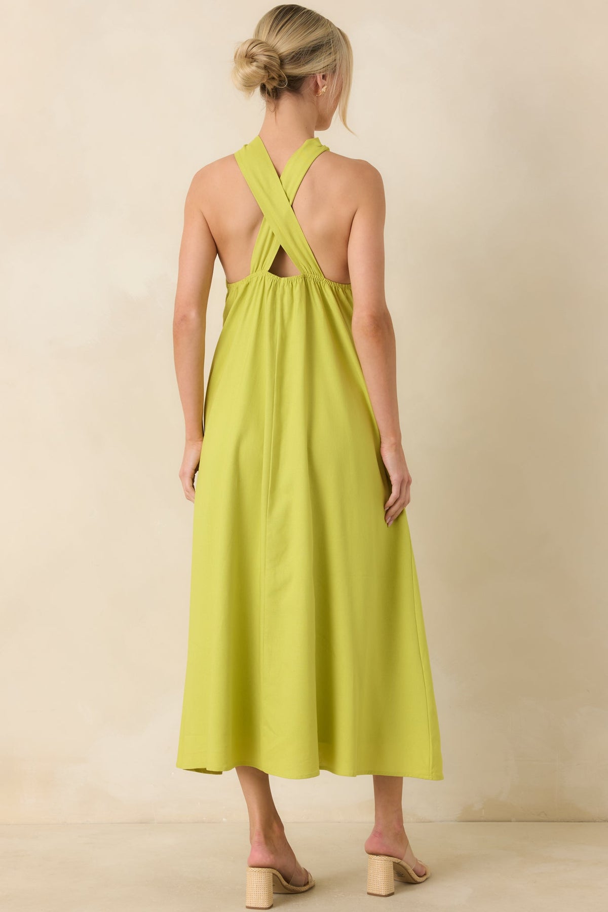 Citrus Kisses Chartreuse Linen Blend Halter Midi Dress
