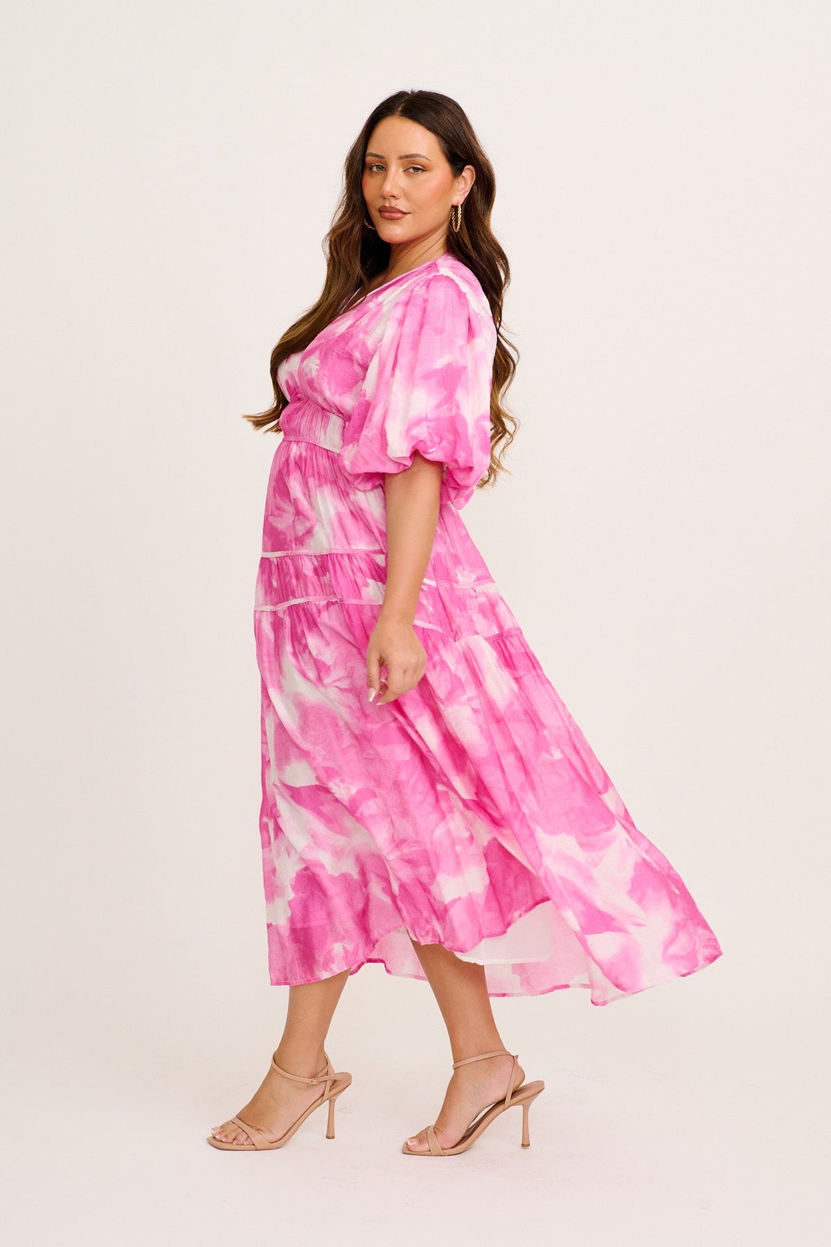Amalie Midi Dress in Pink with White Watercolour Print
