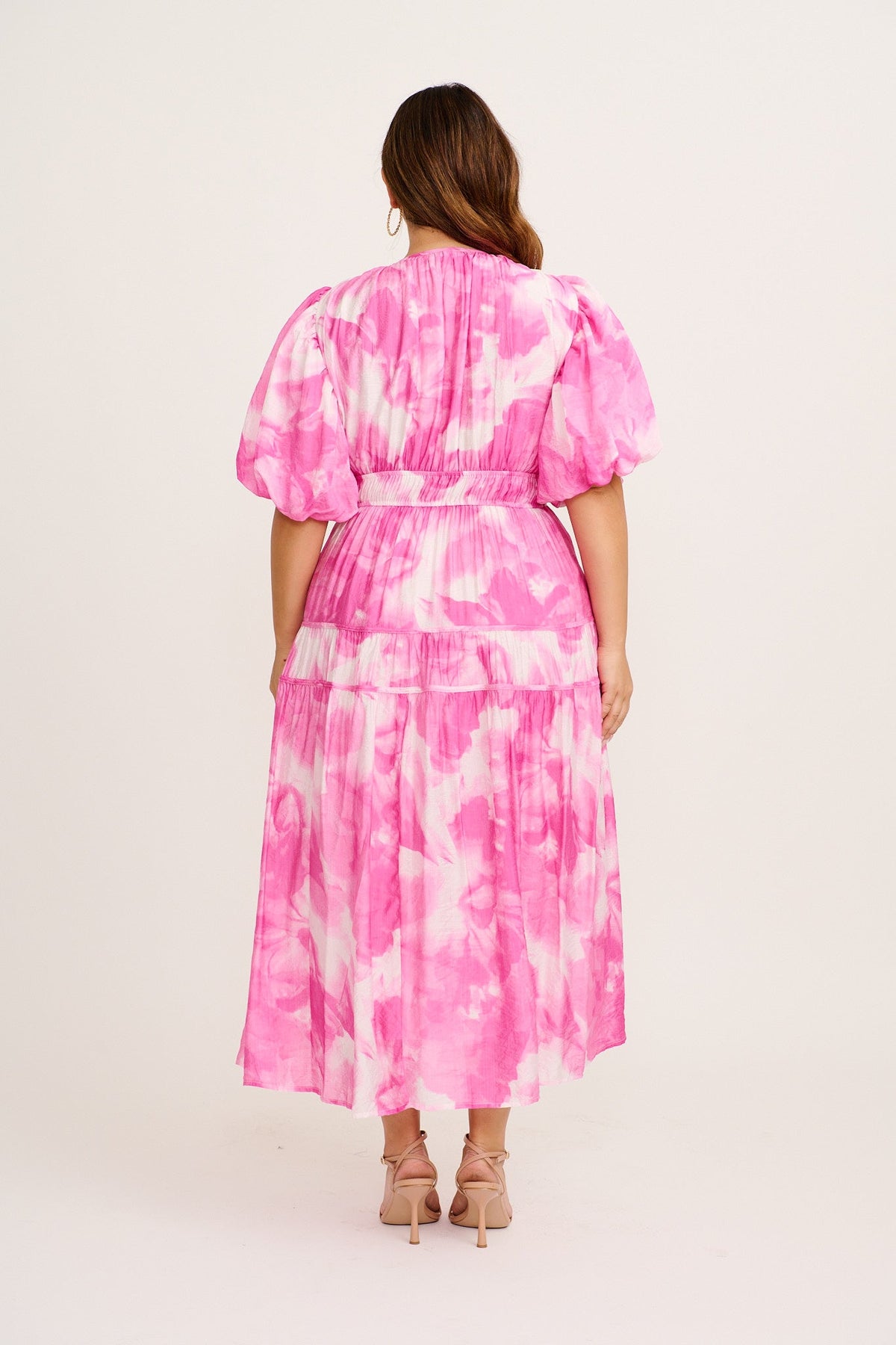 Amalie Midi Dress in Pink with White Watercolour Print