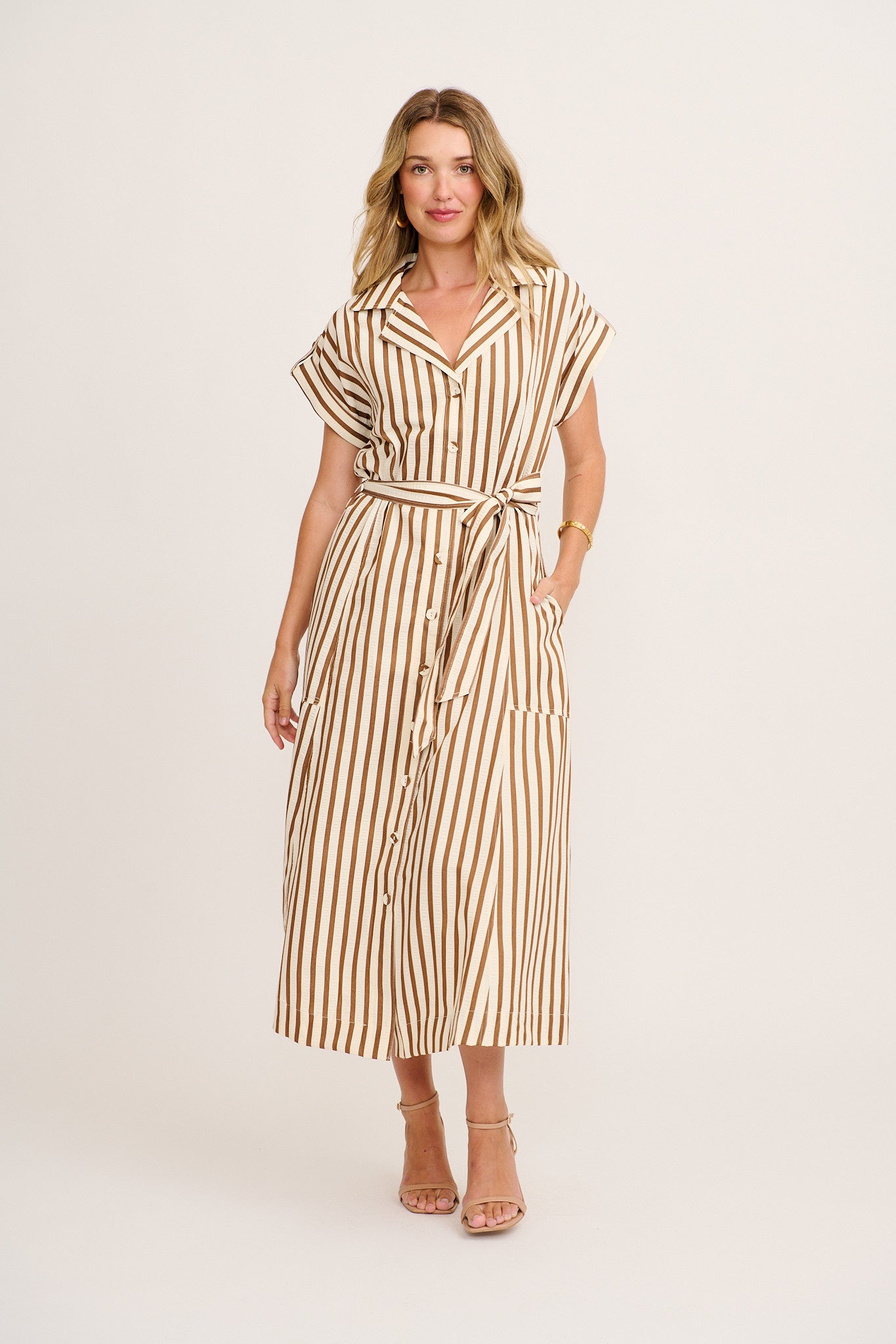 Arcadia Maxi Shirt Dress in Brown Stripe
