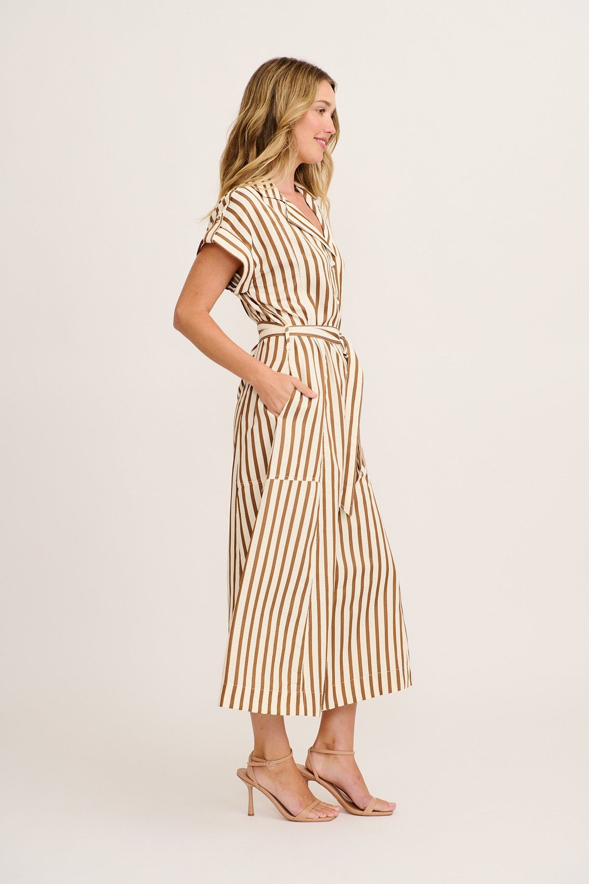 Arcadia Maxi Shirt Dress in Brown Stripe