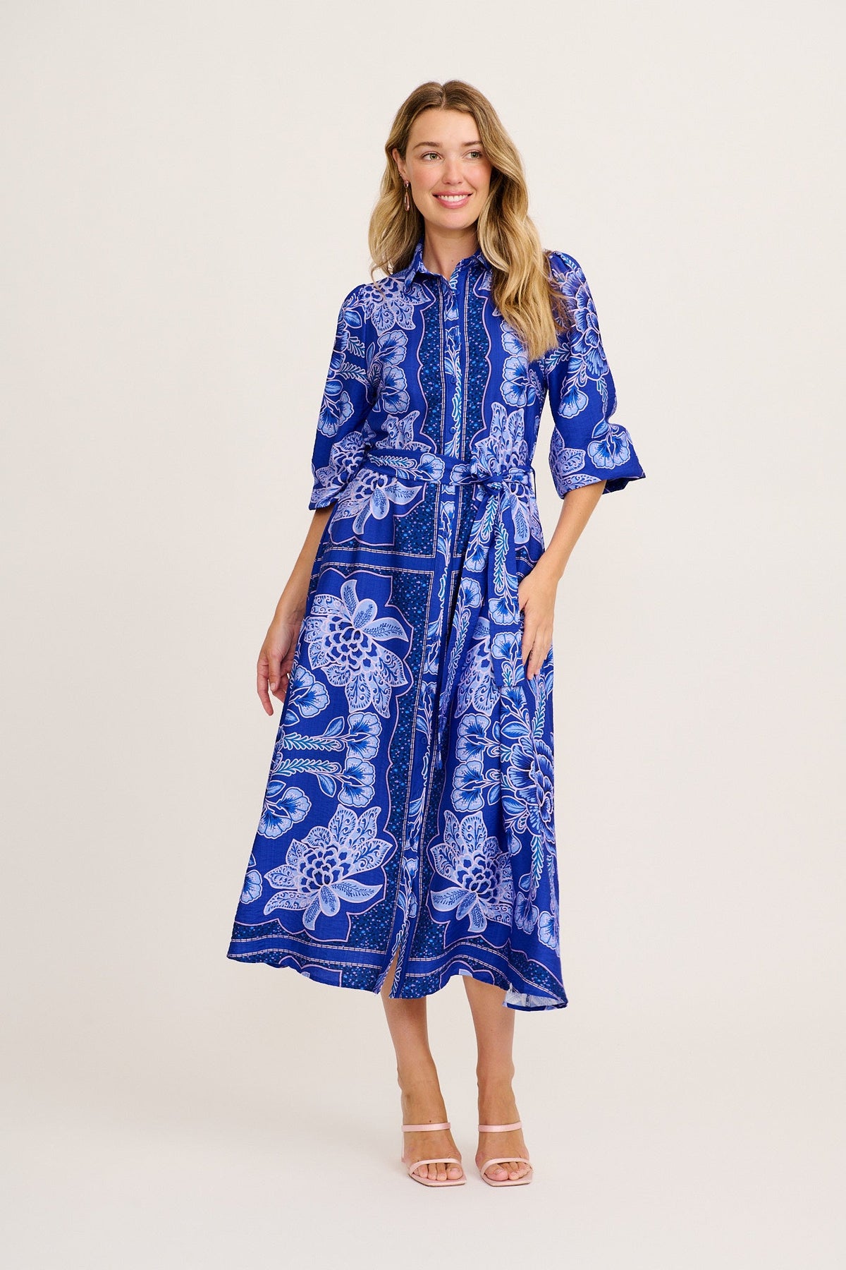 Aurelina Maxi Shirt Dress in Blue Floral Print Linen Blend