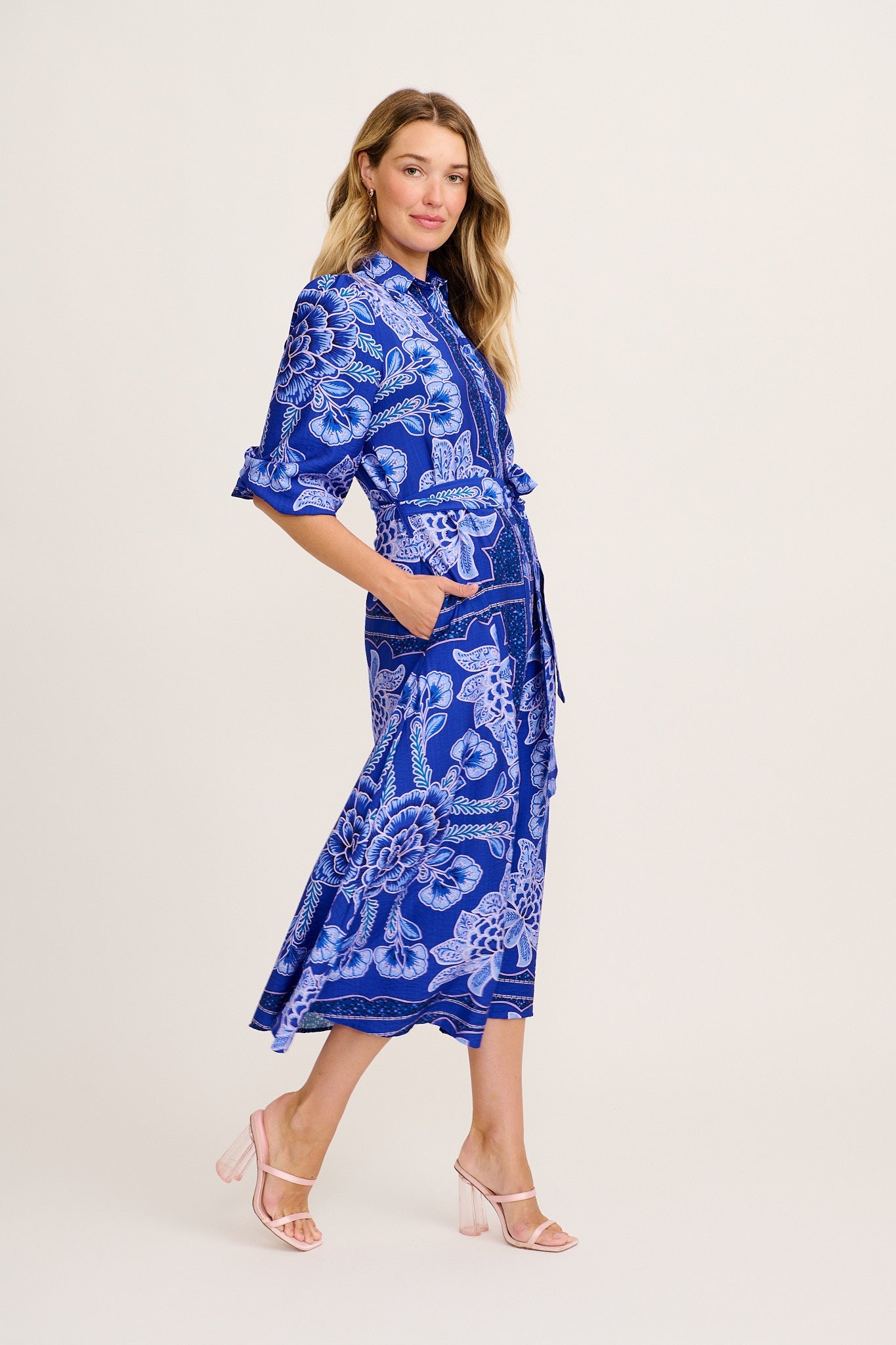 Aurelina Maxi Shirt Dress in Blue Floral Print Linen Blend