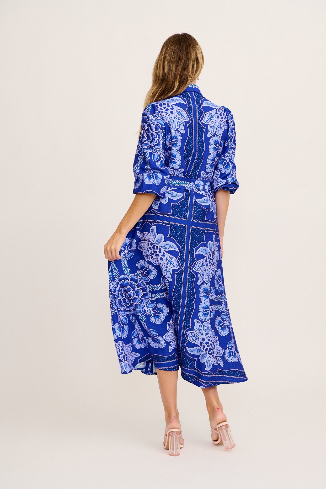 Aurelina Maxi Shirt Dress in Blue Floral Print Linen Blend