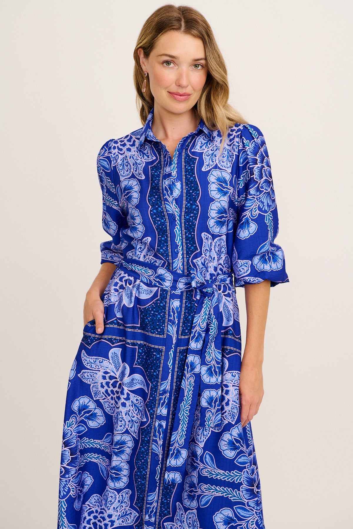 Aurelina Maxi Shirt Dress in Blue Floral Print Linen Blend