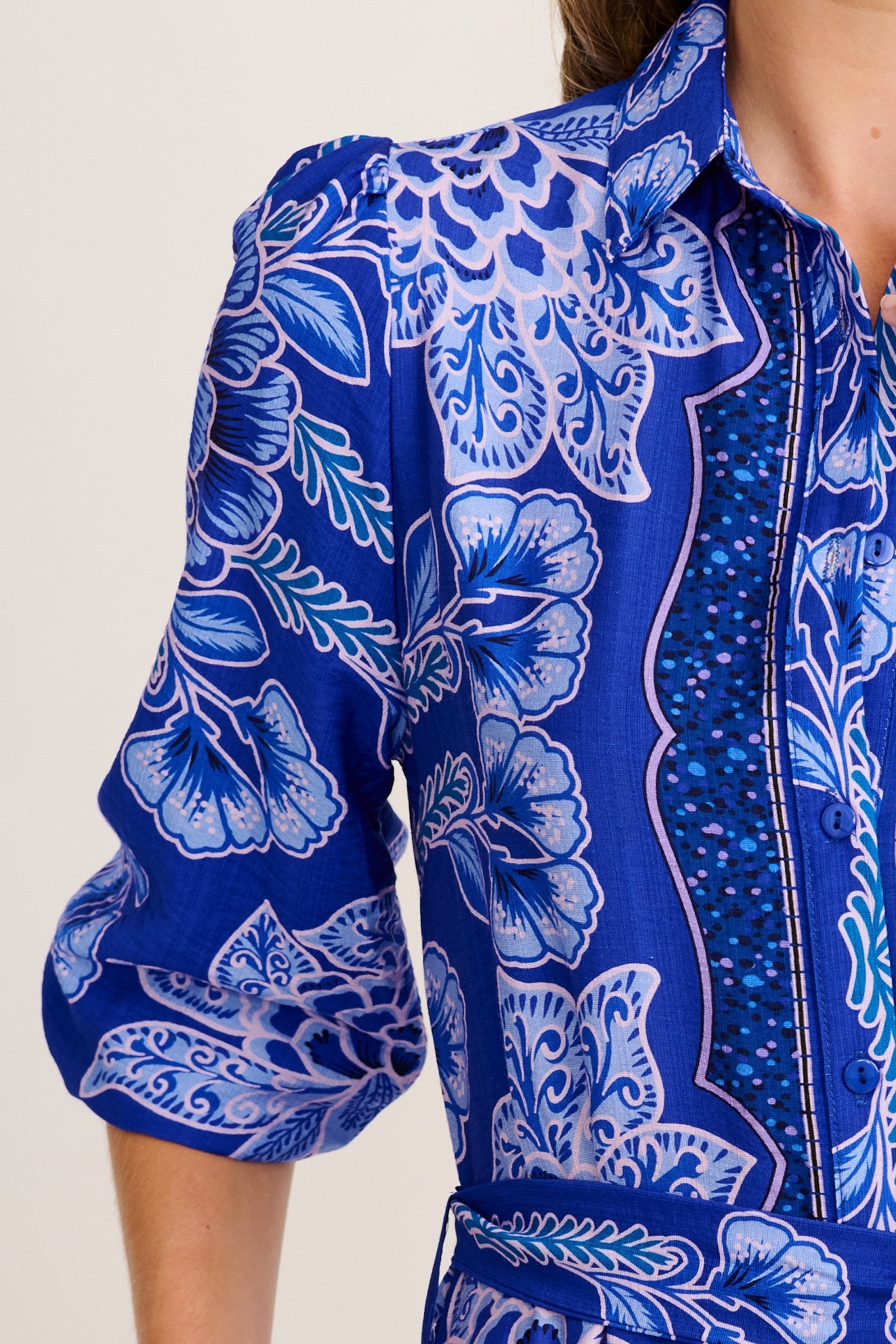 Aurelina Maxi Shirt Dress in Blue Floral Print Linen Blend