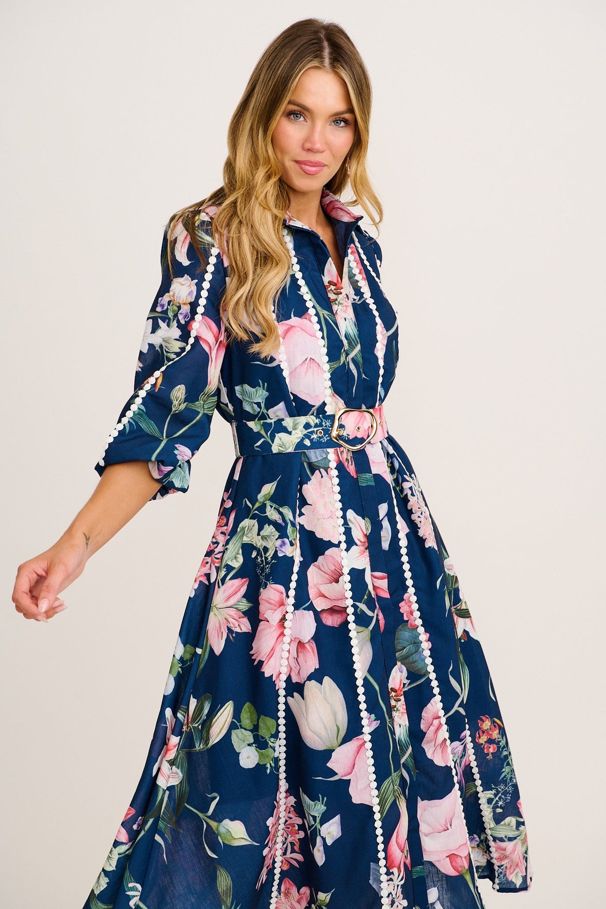 Art Of Bloom Midi Shirt Dress in Navy Floral Linen Blend