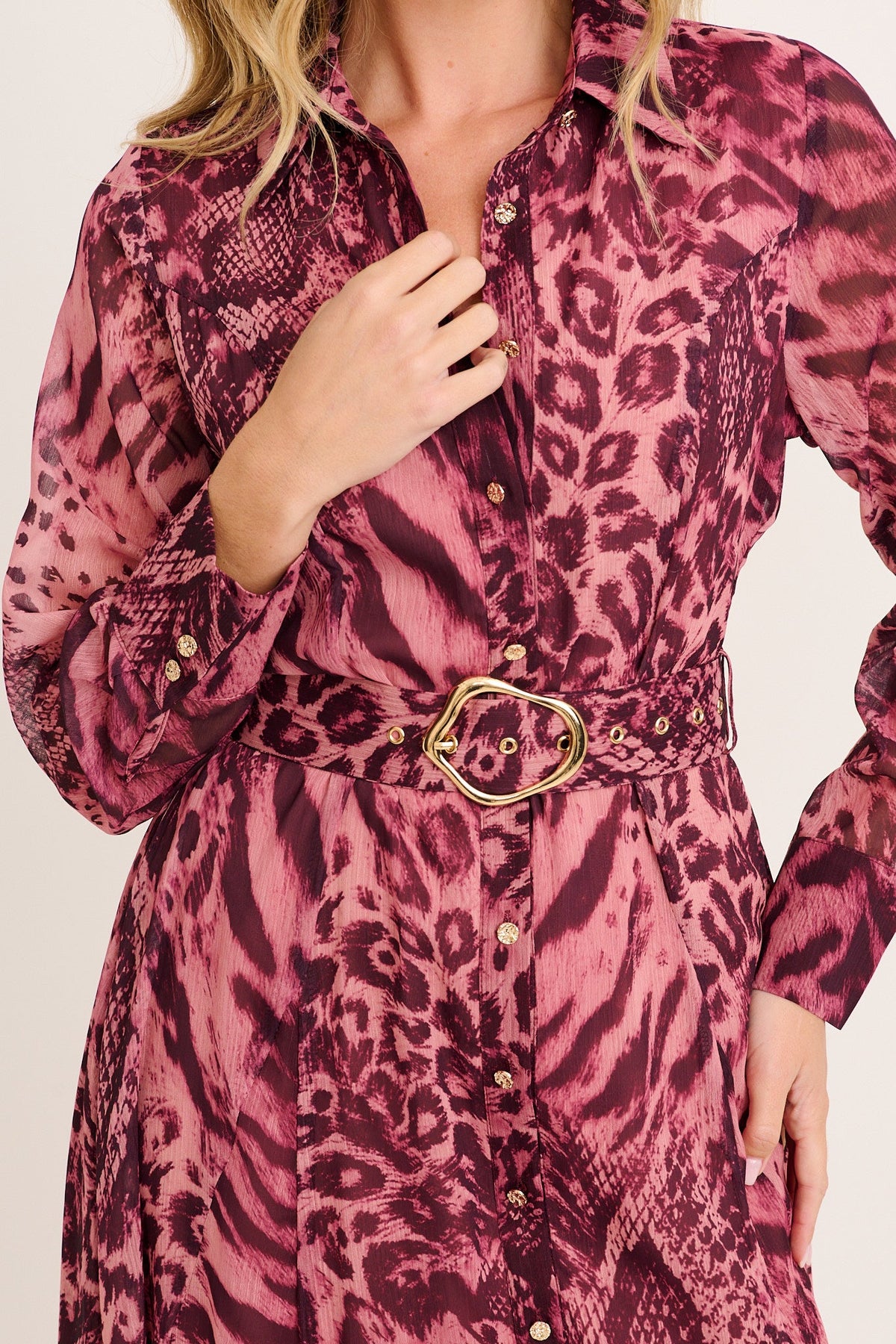 Aryanne Maxi Shirt Dress in Pink Leopard Chiffon