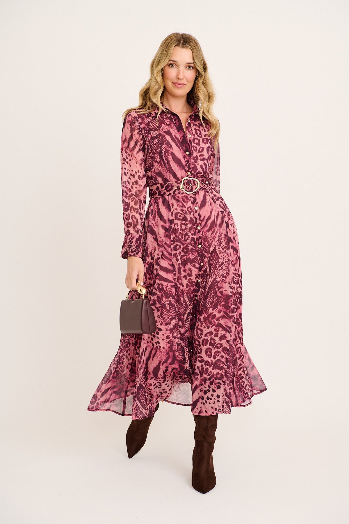 Aryanne Maxi Shirt Dress in Pink Leopard Chiffon