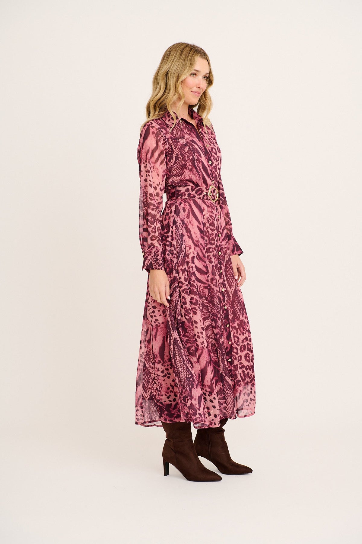 Aryanne Maxi Shirt Dress in Pink Leopard Chiffon