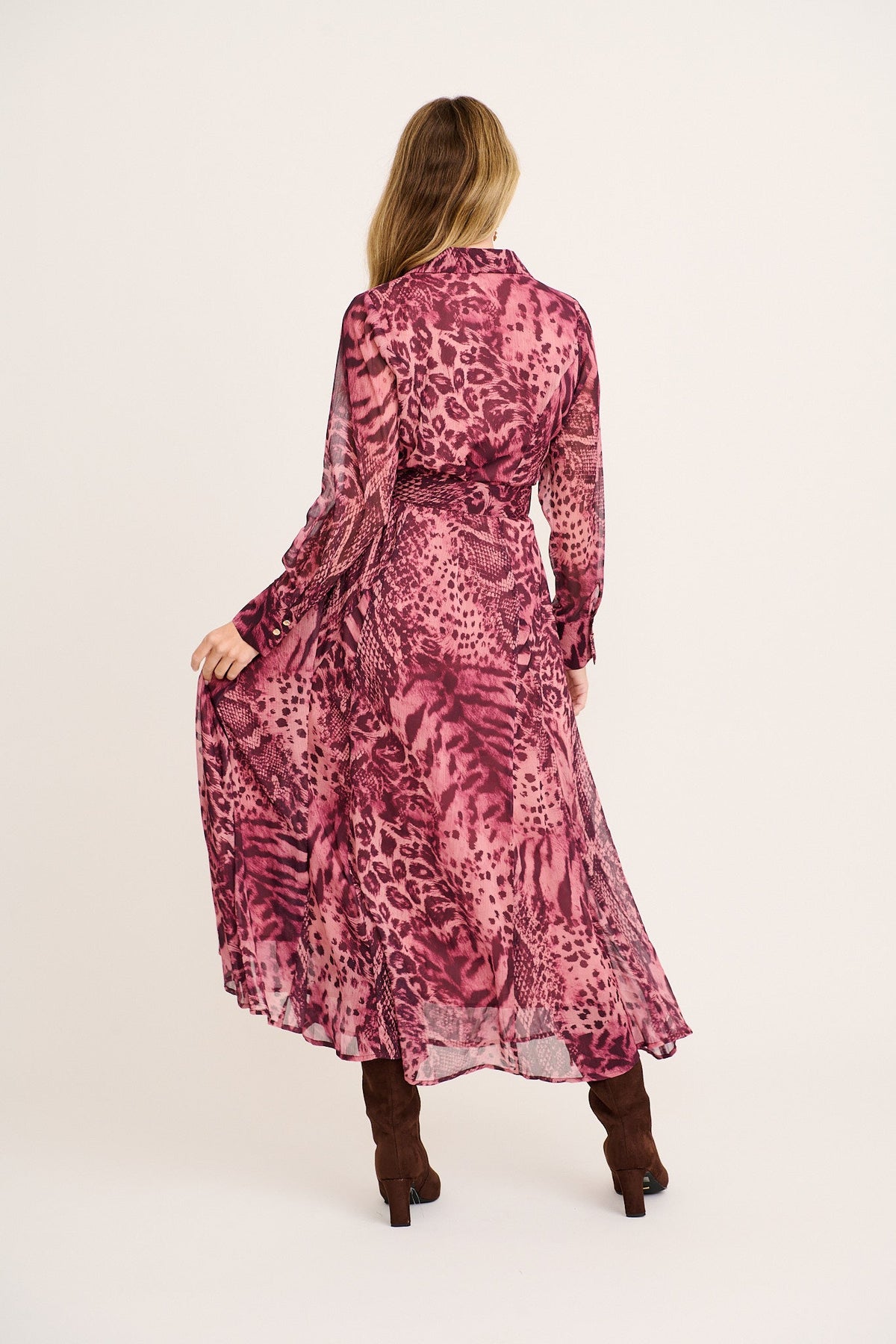Aryanne Maxi Shirt Dress in Pink Leopard Chiffon