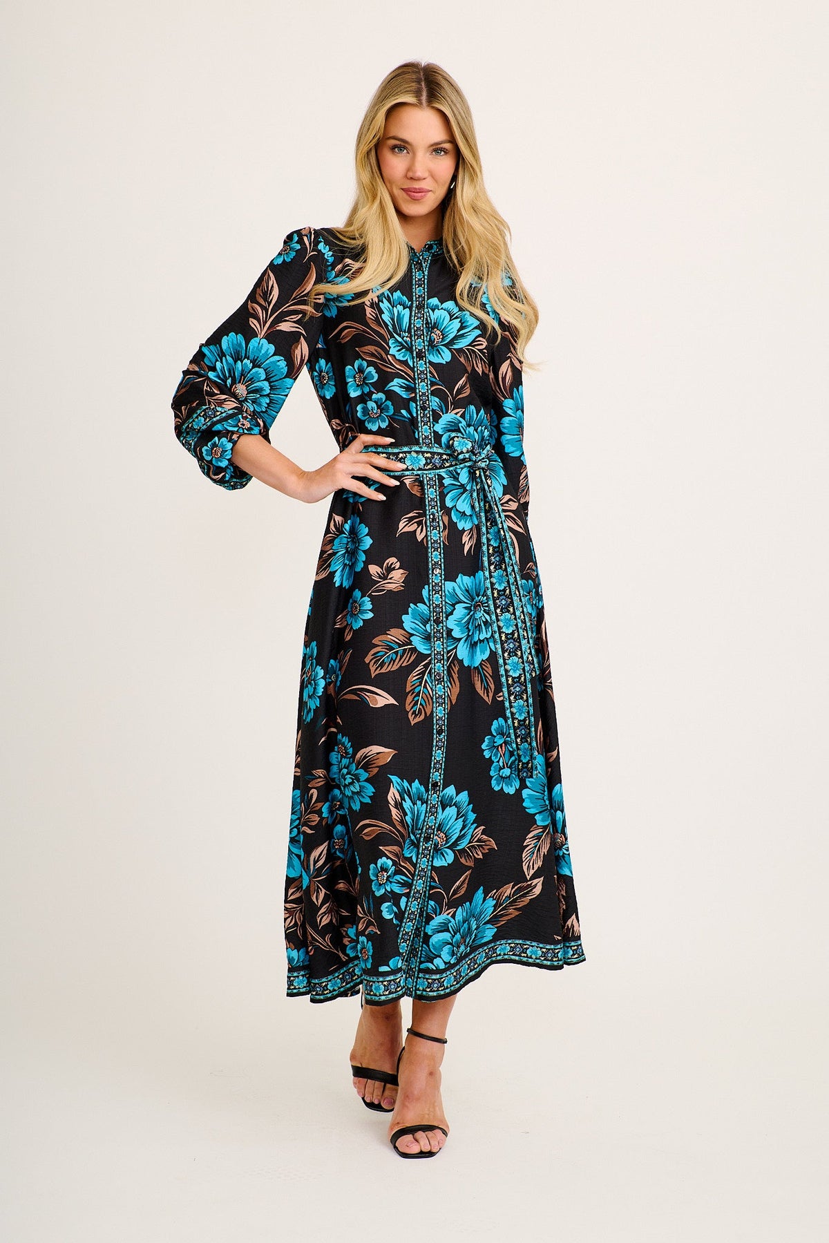 Aurelina Maxi Shirt Dress in Black with Blue Floral Linen Blend
