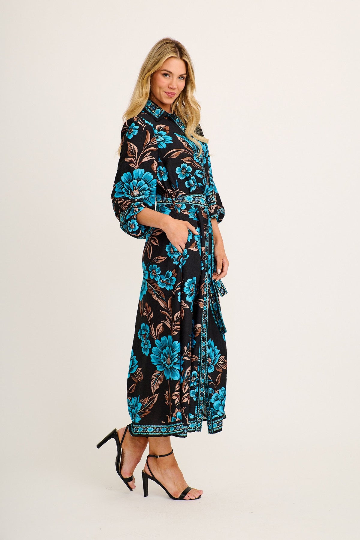 Aurelina Maxi Shirt Dress in Black with Blue Floral Linen Blend