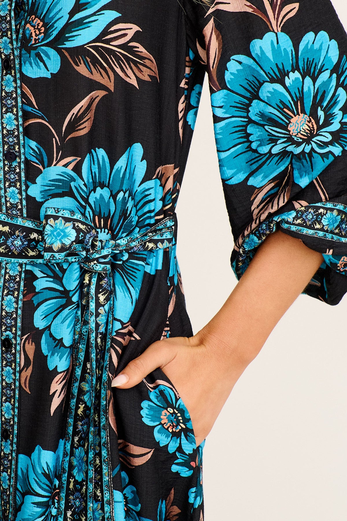 Aurelina Maxi Shirt Dress in Black with Blue Floral Linen Blend