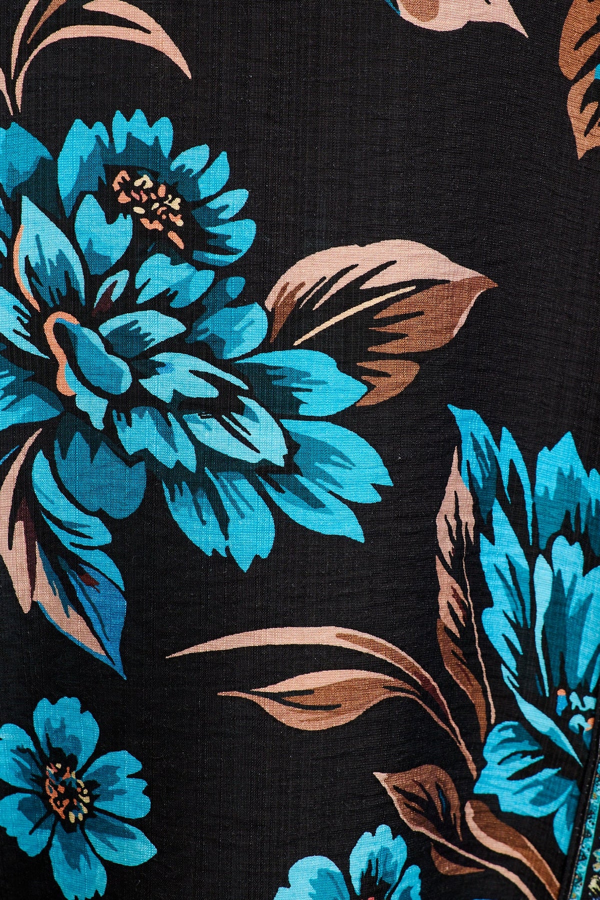 Aurelina Maxi Shirt Dress in Black with Blue Floral Linen Blend