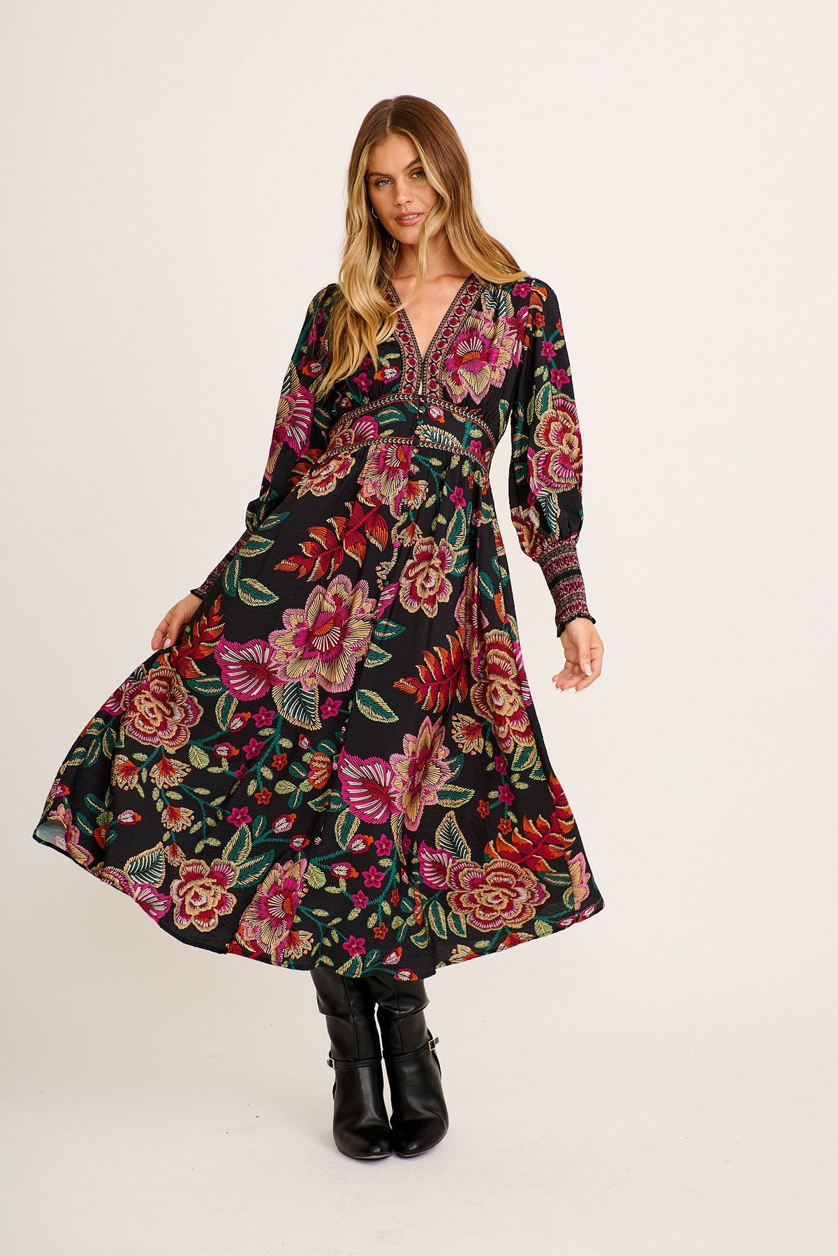 Amora Maxi Dress in Black with Pink Floral Linen Blend