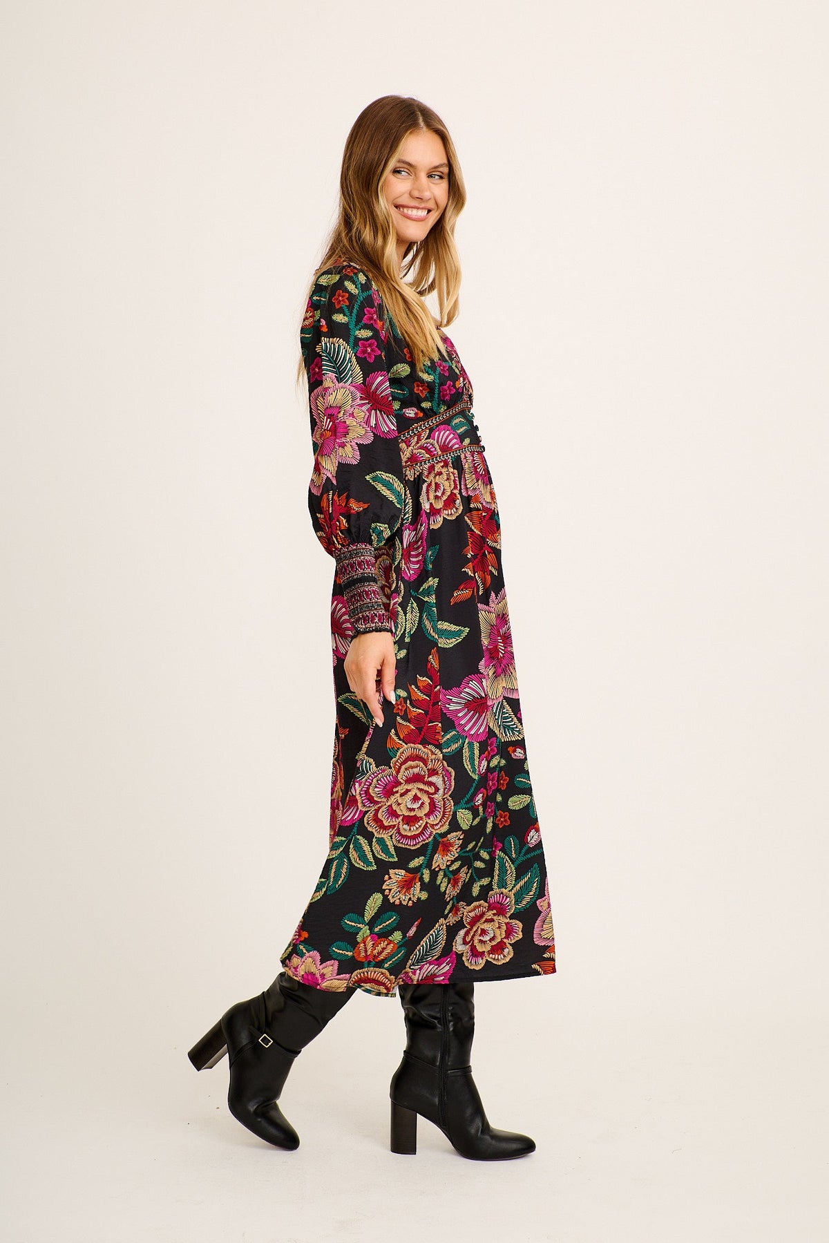 Amora Maxi Dress in Black with Pink Floral Linen Blend