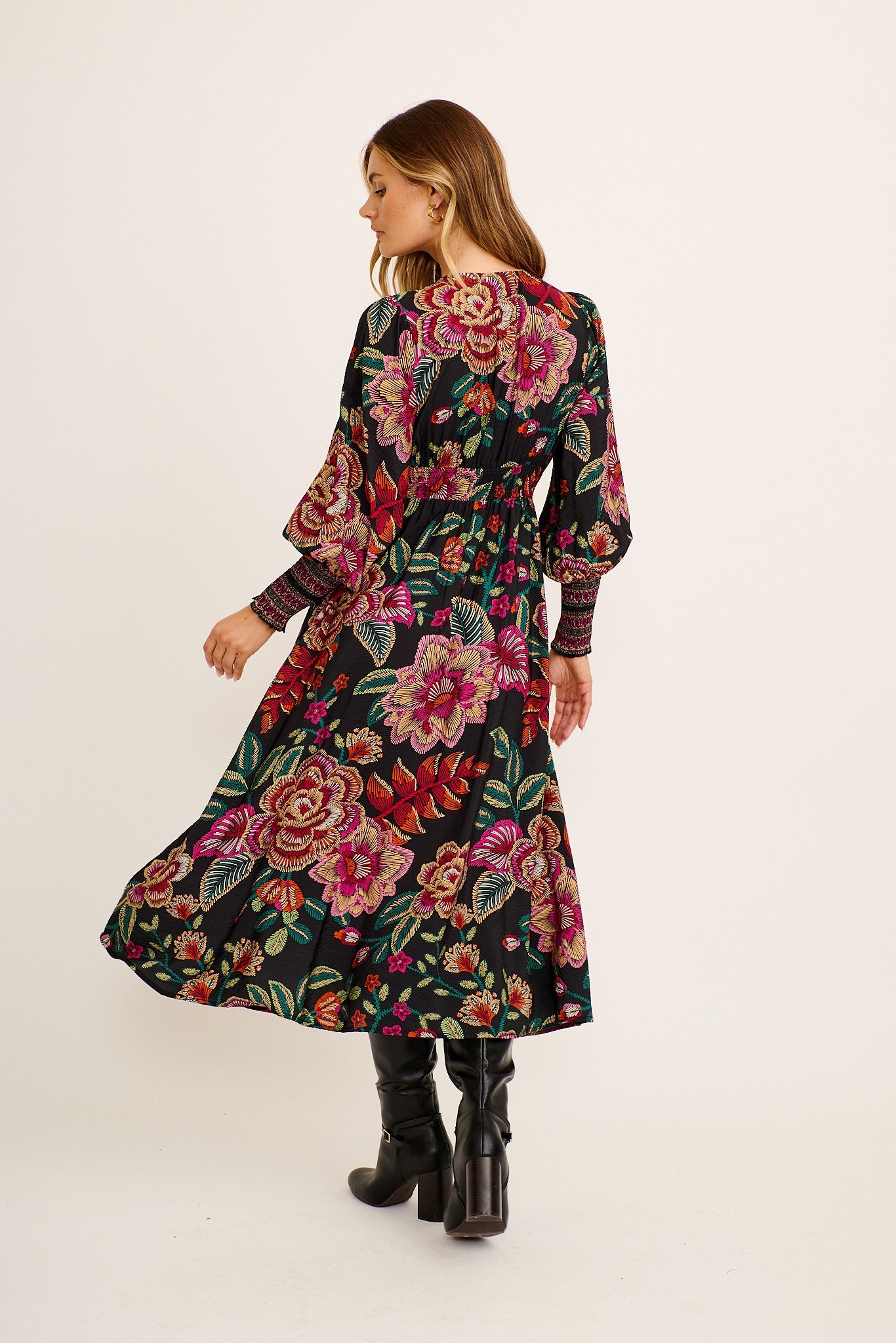 Amora Maxi Dress in Black with Pink Floral Linen Blend