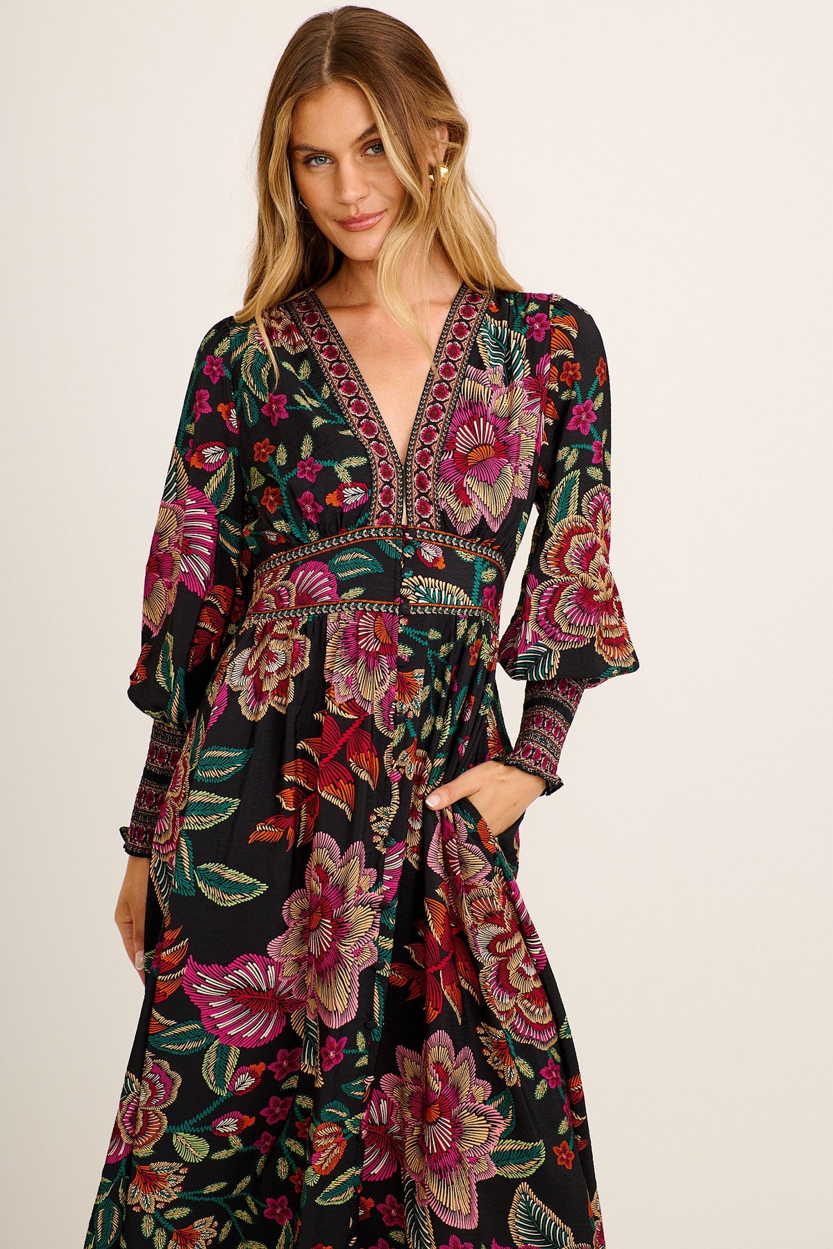 Amora Maxi Dress in Black with Pink Floral Linen Blend