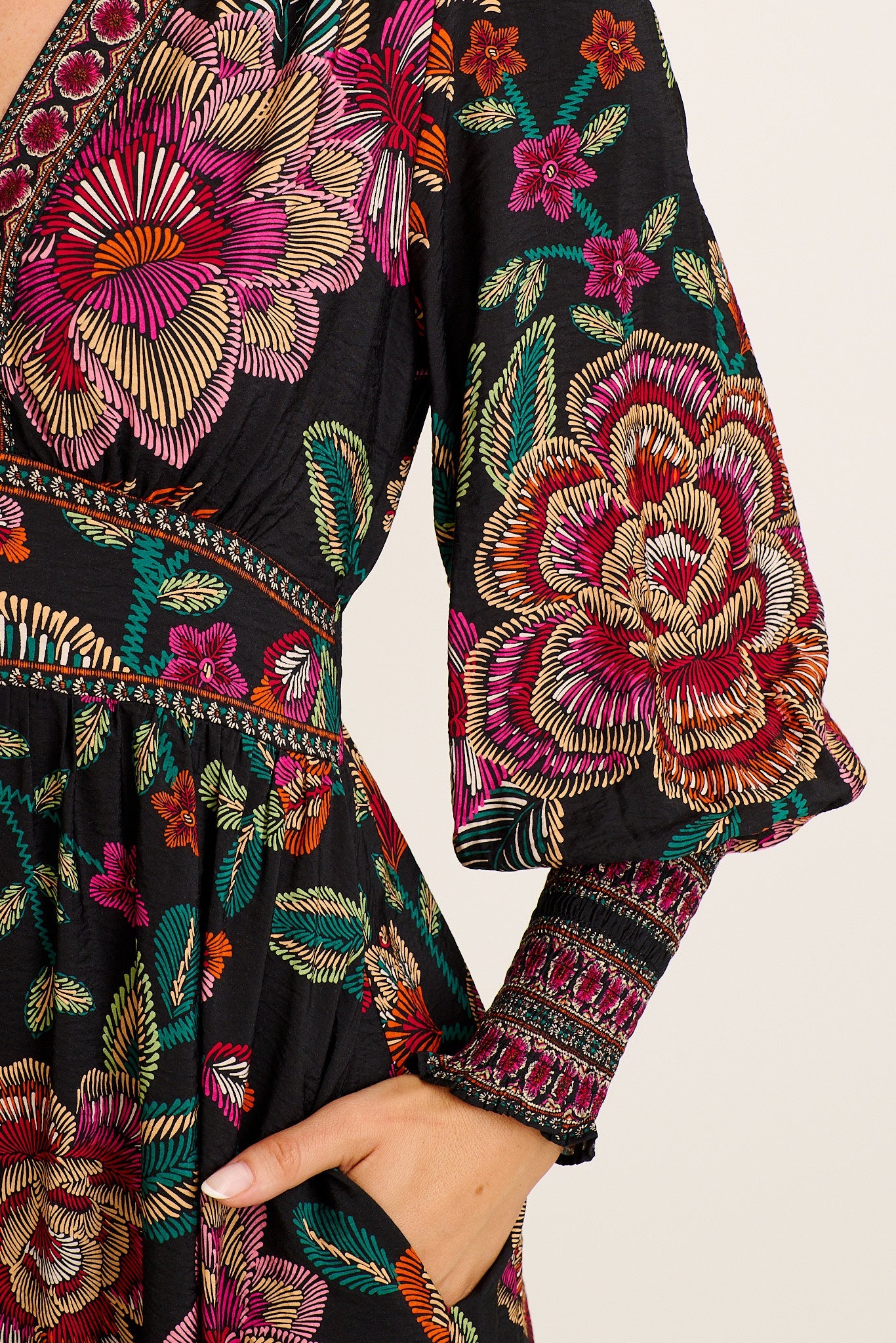 Amora Maxi Dress in Black with Pink Floral Linen Blend