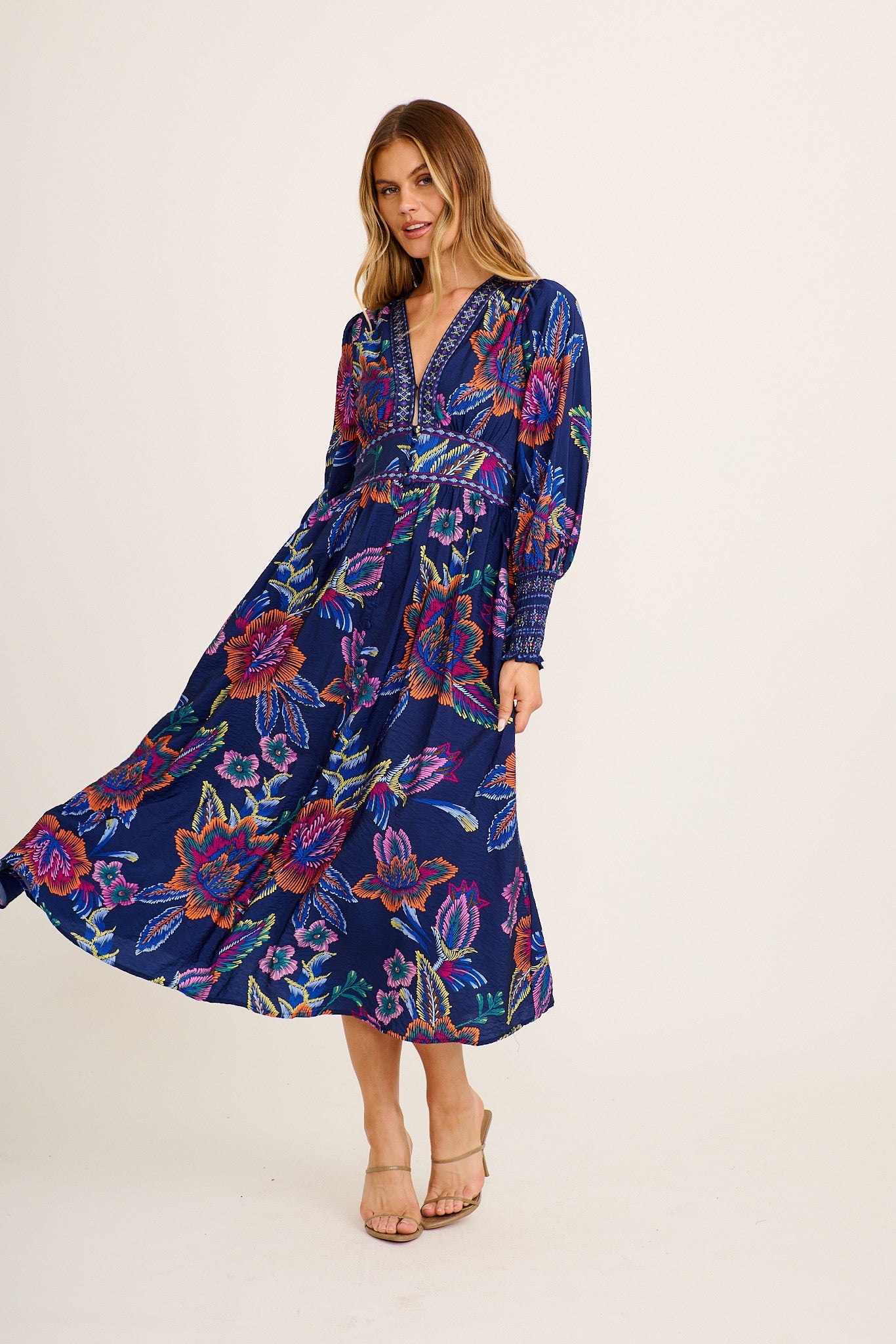 Amora Maxi Dress in Blue with Multi Floral Linen Blend