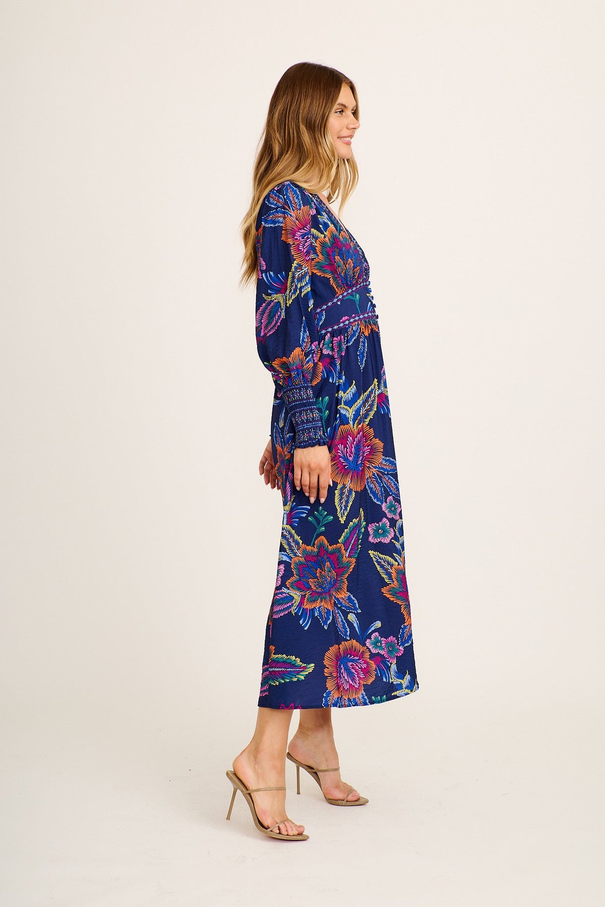 Amora Maxi Dress in Blue with Multi Floral Linen Blend