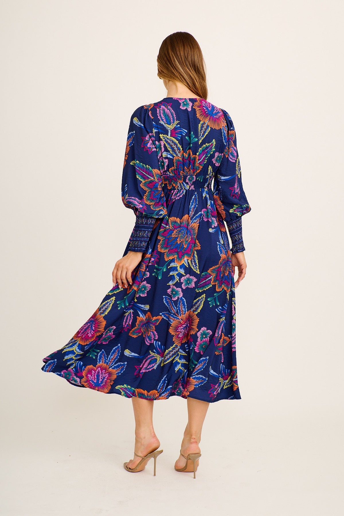 Amora Maxi Dress in Blue with Multi Floral Linen Blend