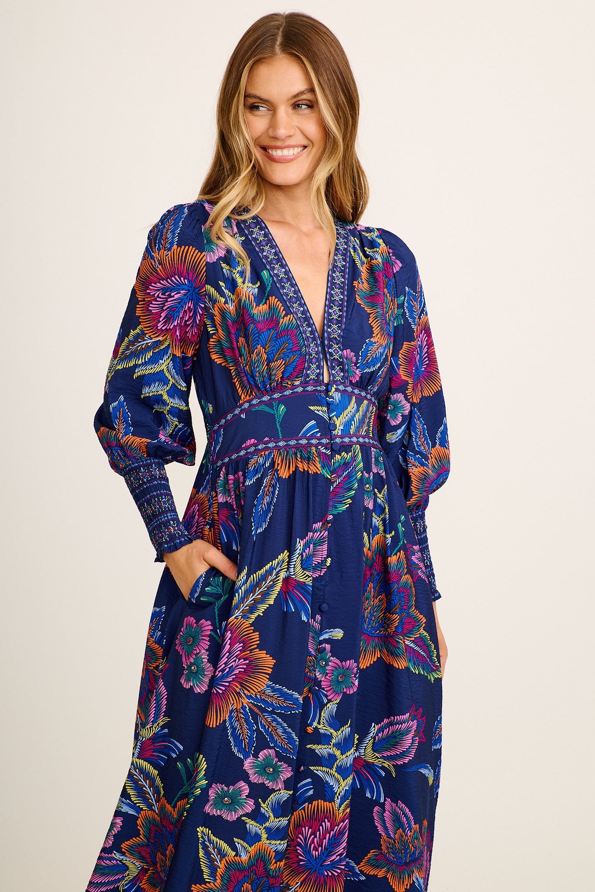 Amora Maxi Dress in Blue with Multi Floral Linen Blend