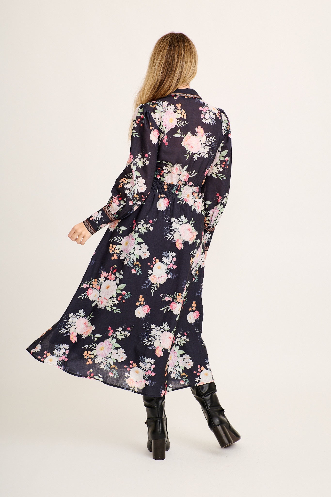 Chic In Bloom Maxi Shirt Dress in Black Floral Linen Blend