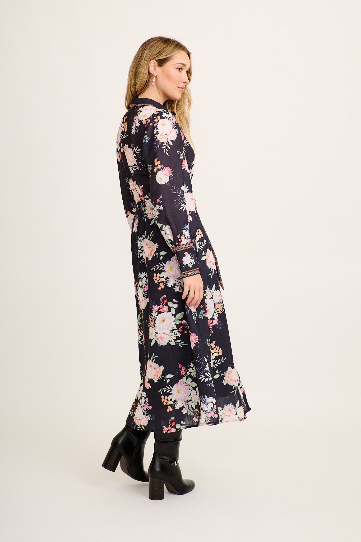 Chic In Bloom Maxi Shirt Dress in Black Floral Linen Blend