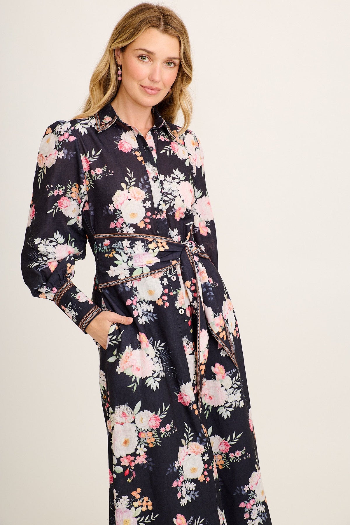 Chic In Bloom Maxi Shirt Dress in Black Floral Linen Blend