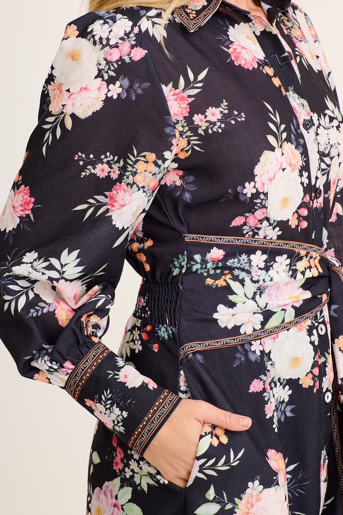 Chic In Bloom Maxi Shirt Dress in Black Floral Linen Blend