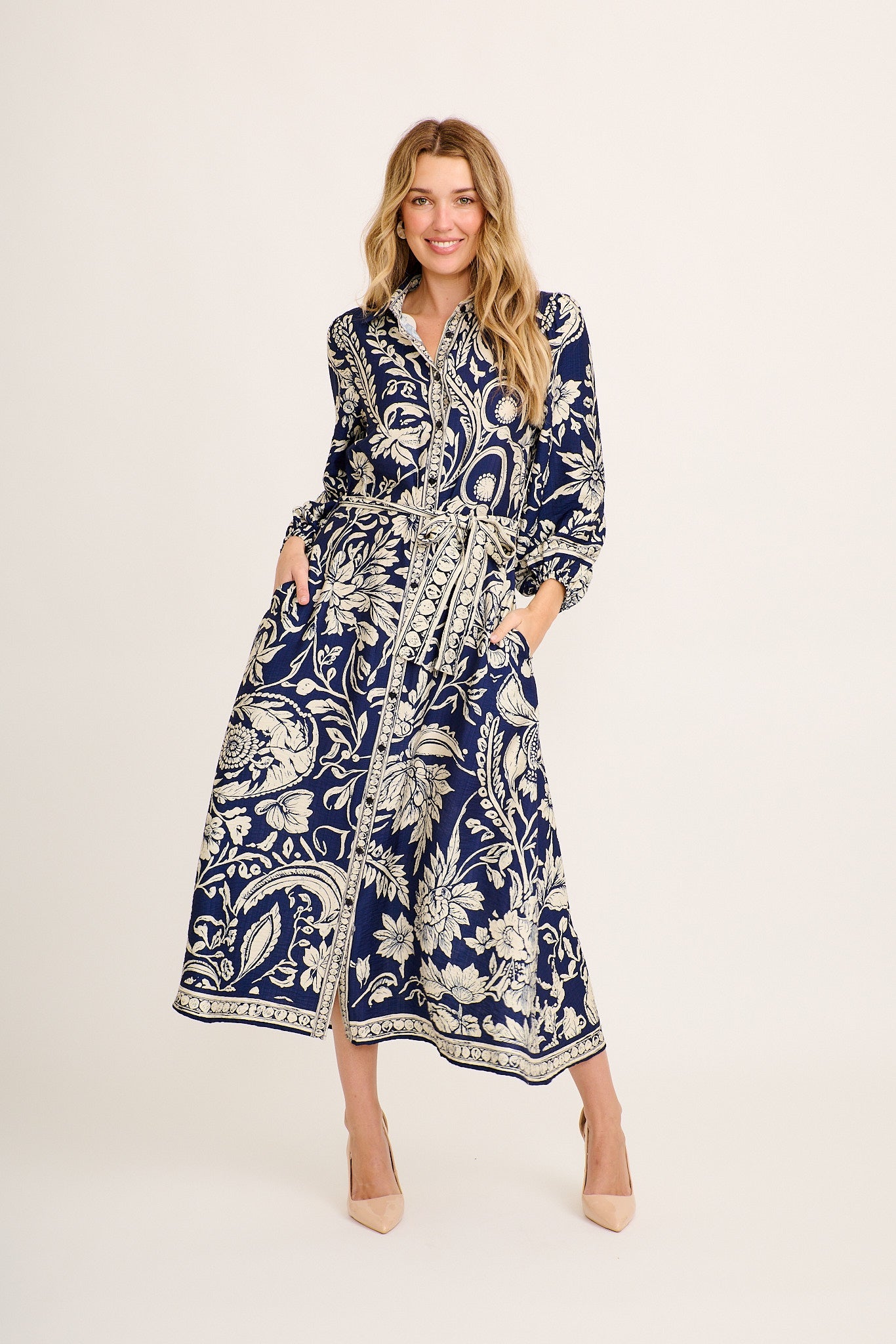 Aurelina Maxi Shirt Dress In Navy with Cream Floral Linen Blend